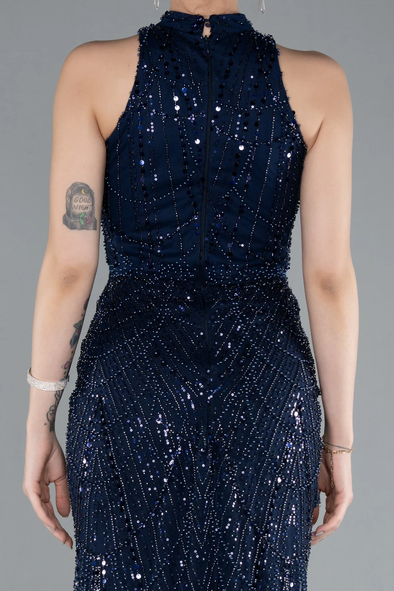 Navy Blue-Halter Neck Long Beaded Mermaid Evening Gown ABU4791