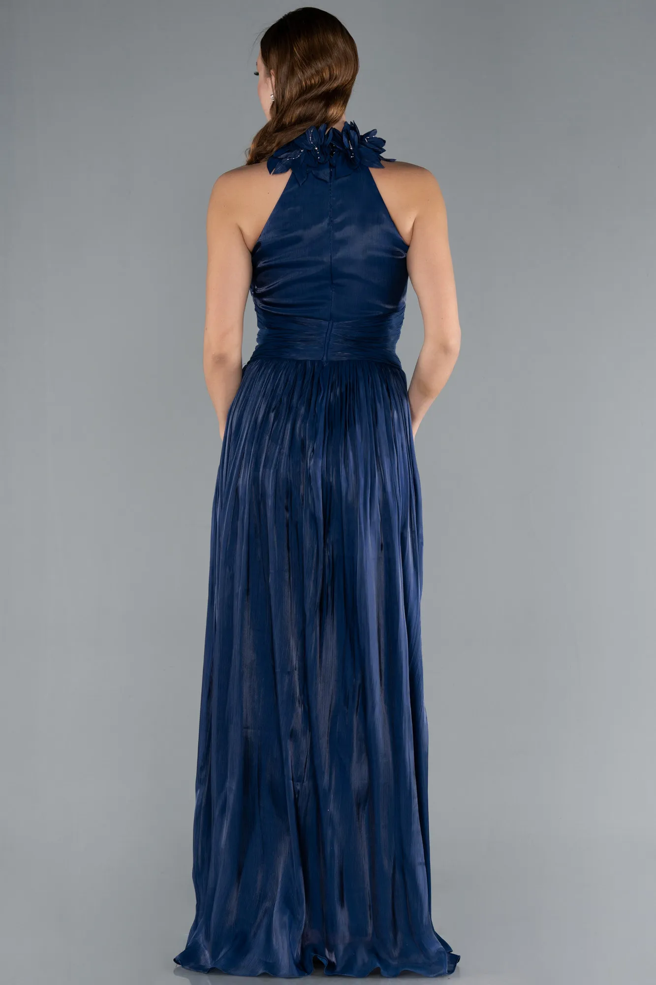 Navy Blue-Halter Neck Long Chiffon Evening Dress ABU4811