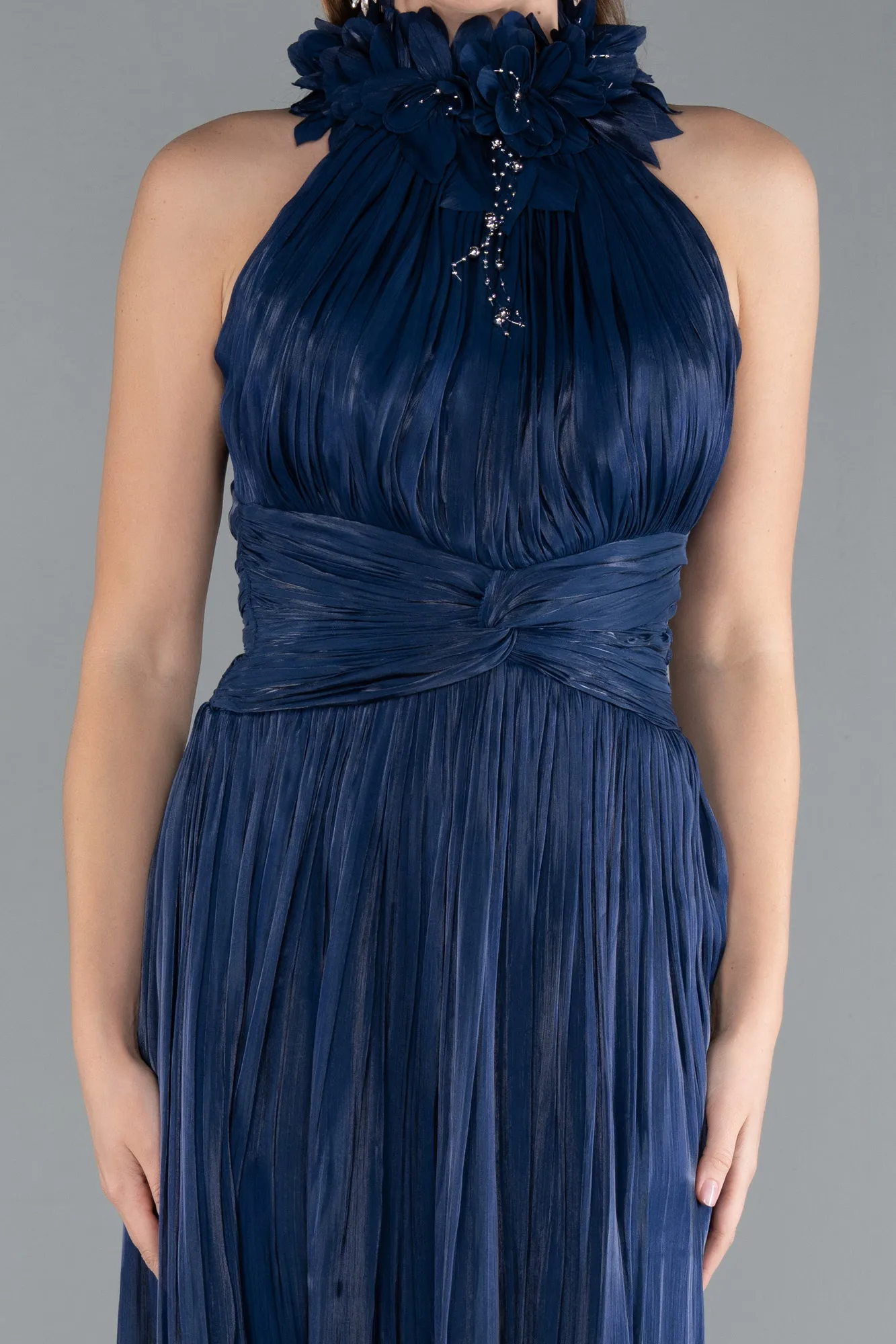 Navy Blue-Halter Neck Long Chiffon Evening Dress ABU4811