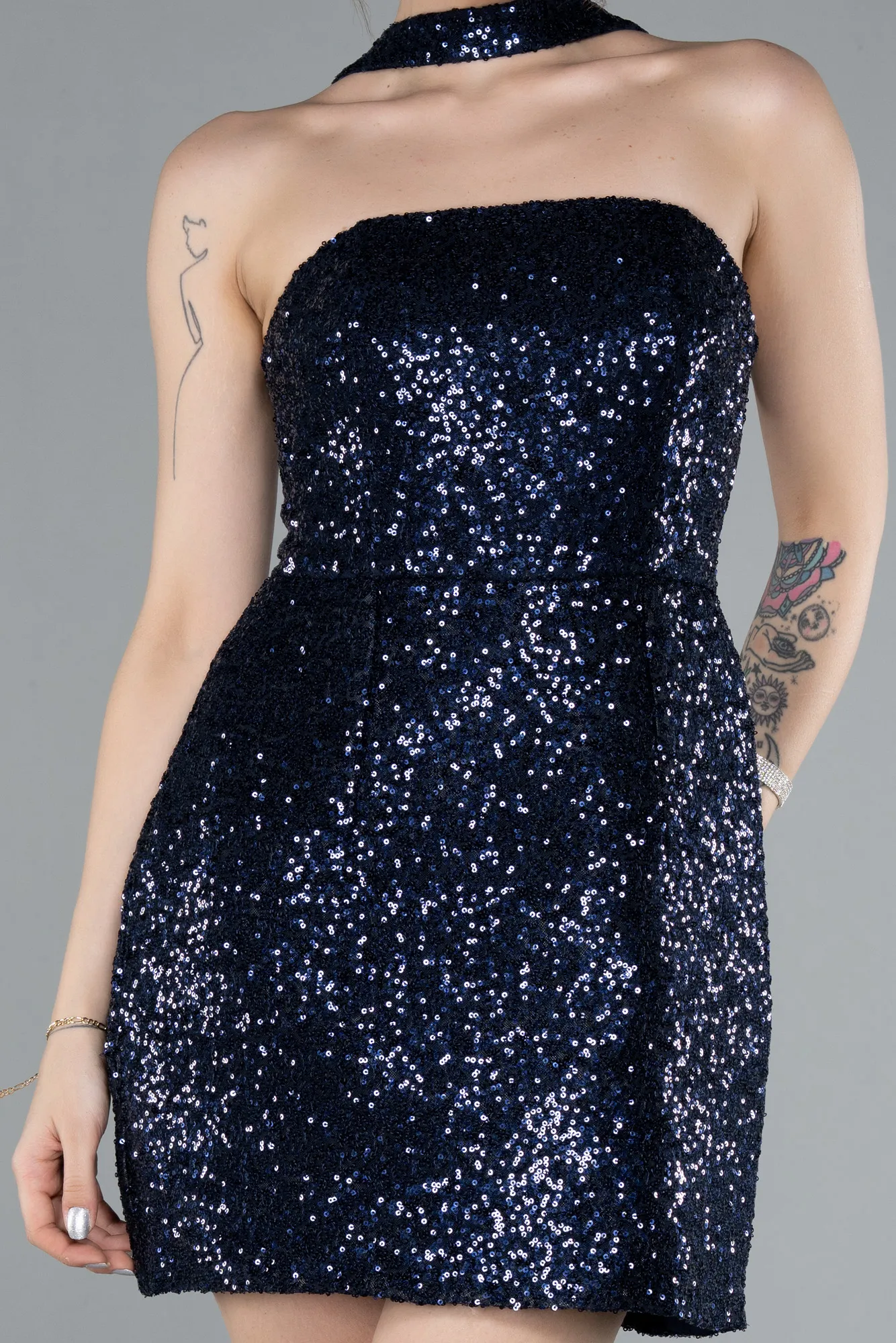 Navy Blue-Halter Neck Mini Sequin Party Dress ABK2201