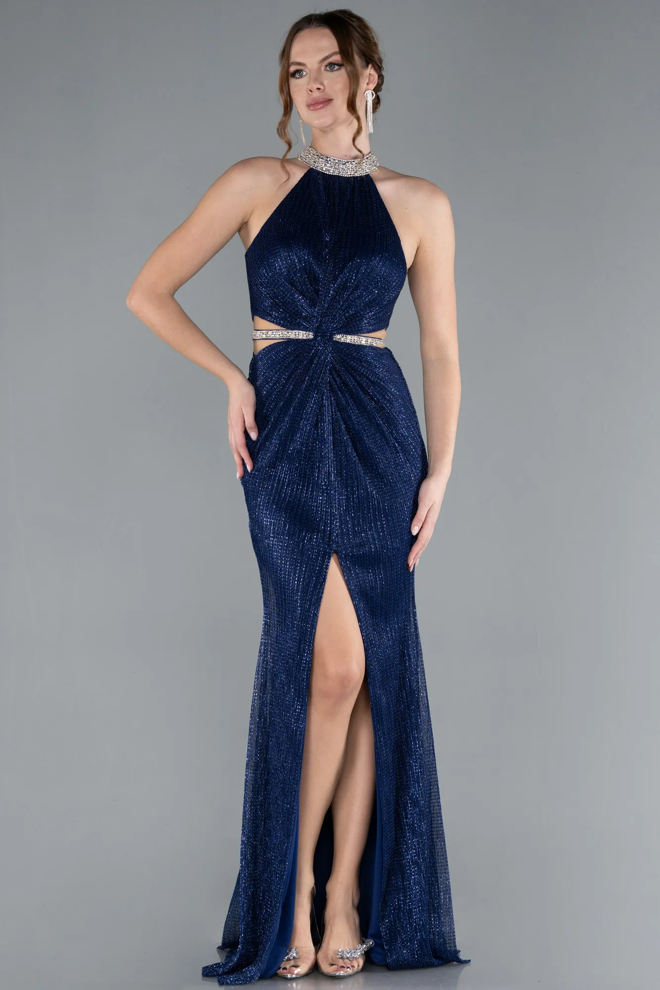 Navy Blue-Halter Neck Slit Long Glitter Mermaid Evening Gown ABU4766