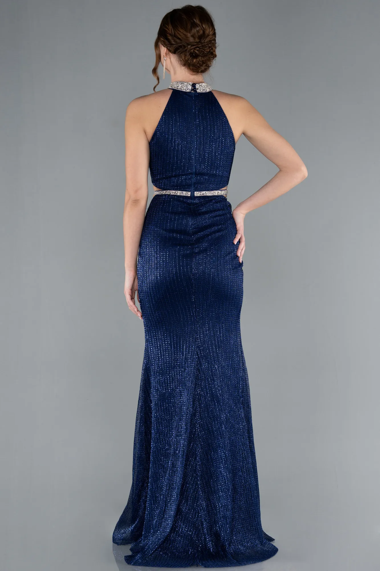 Navy Blue-Halter Neck Slit Long Glitter Mermaid Evening Gown ABU4766