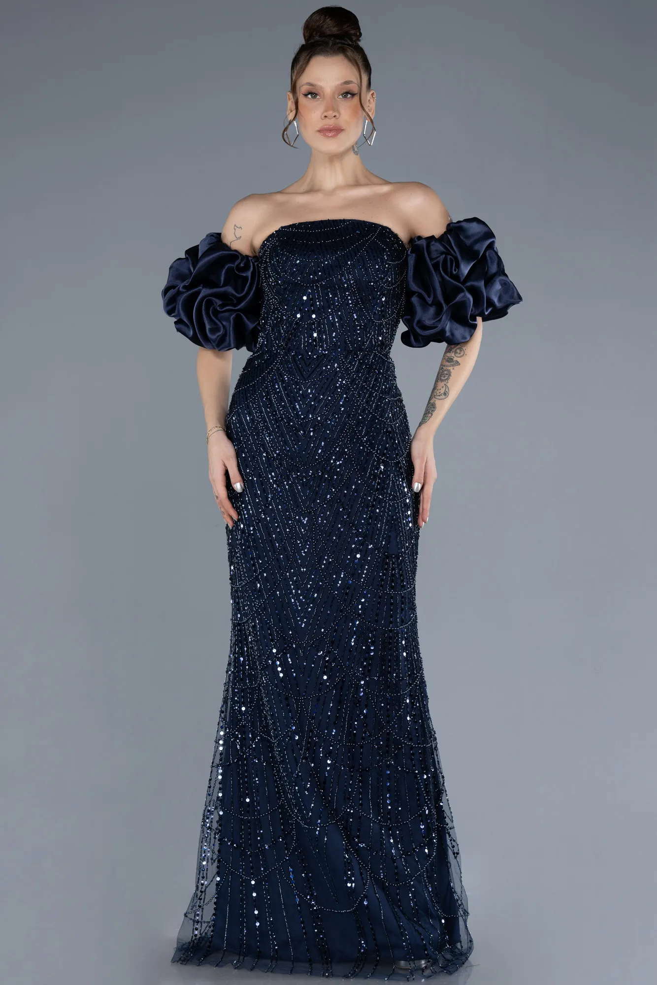 Navy Blue-Long Beaded Evening Dress ABU4616