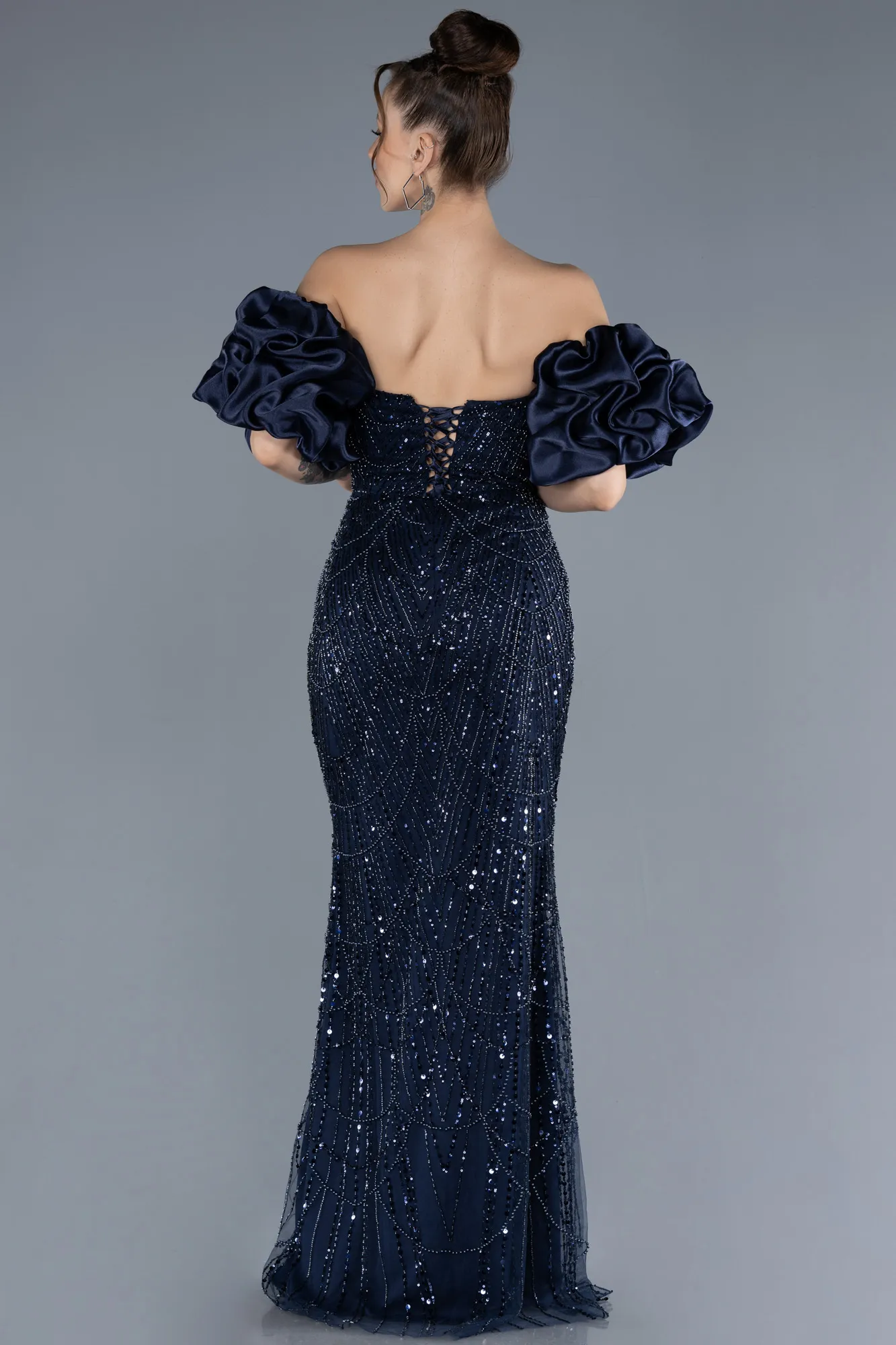 Navy Blue-Long Beaded Evening Dress ABU4616