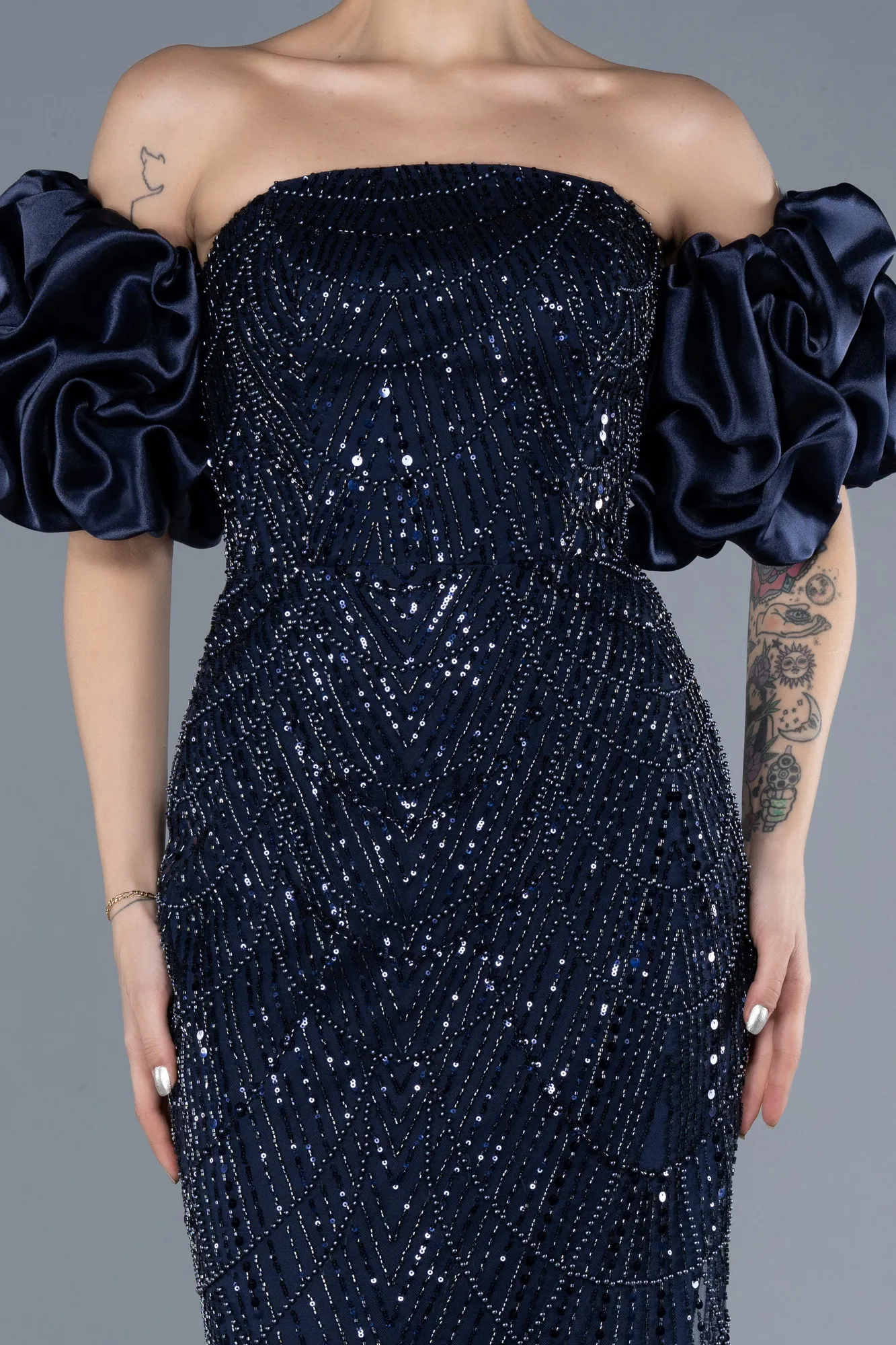 Navy Blue-Long Beaded Evening Dress ABU4616