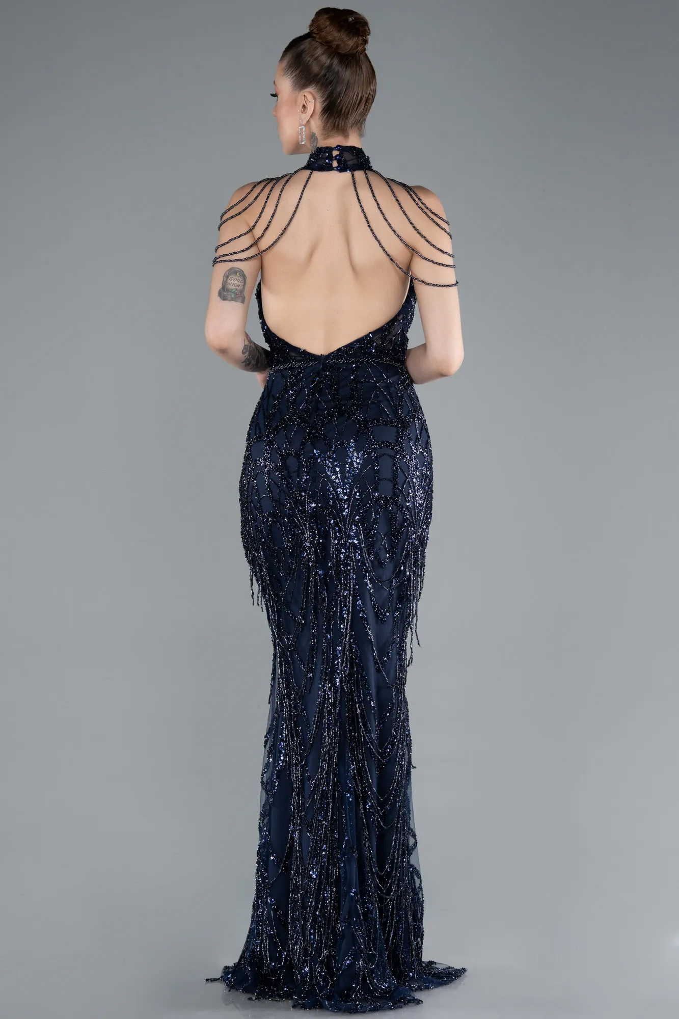 Navy Blue-Long Beaded Evening Dress ABU4912