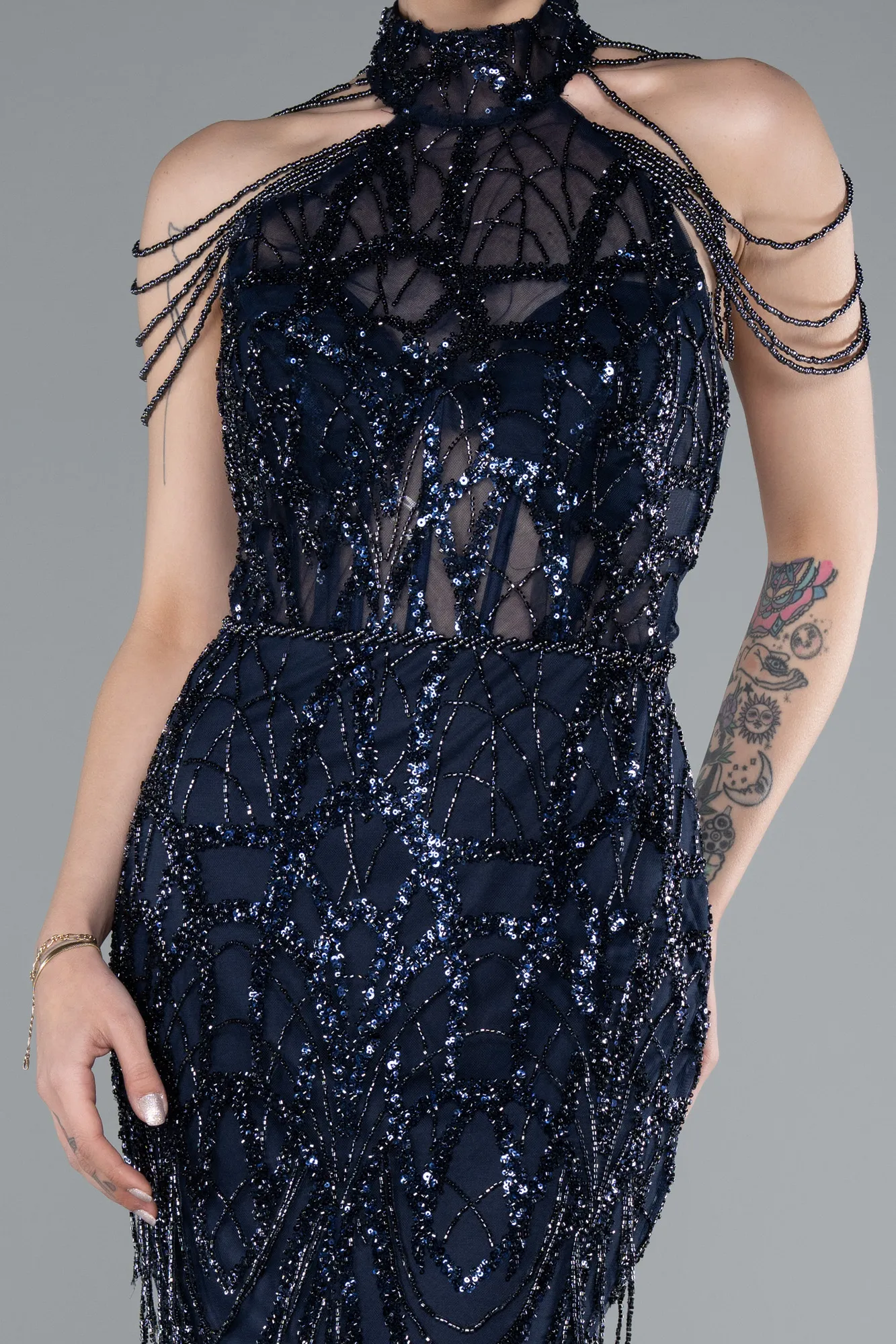 Navy Blue-Long Beaded Evening Dress ABU4912