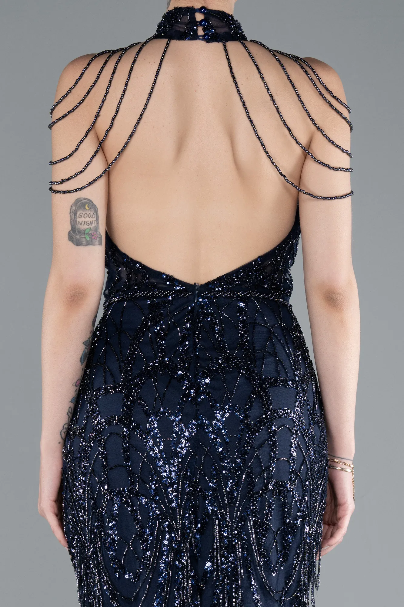 Navy Blue-Long Beaded Evening Dress ABU4912