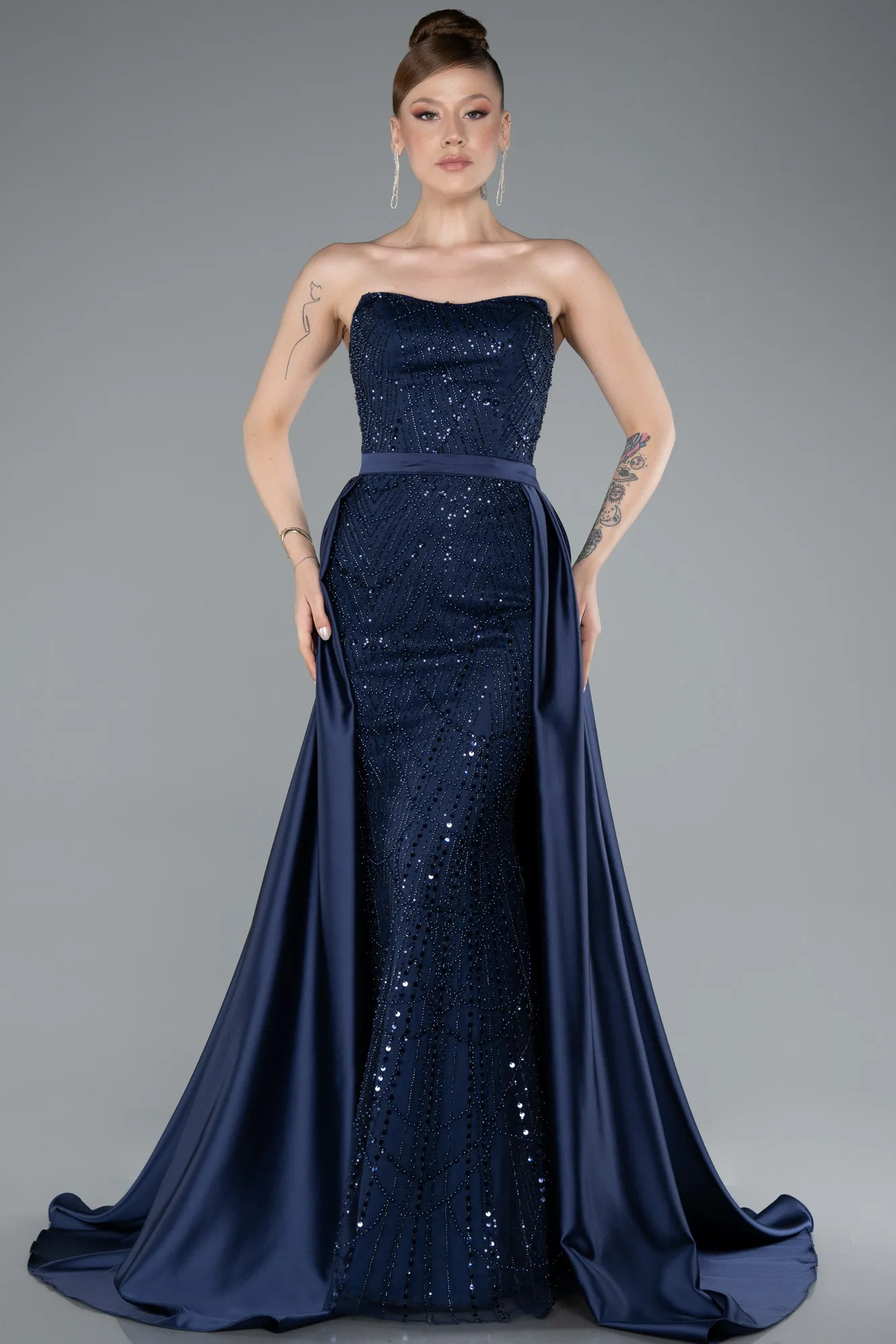 Navy Blue-Long Beaded Evening Dress ABU4928