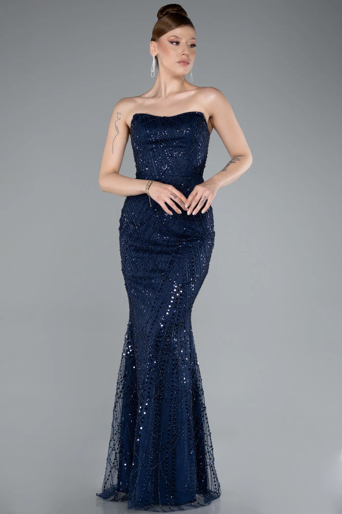 Navy Blue-Long Beaded Evening Dress ABU4928