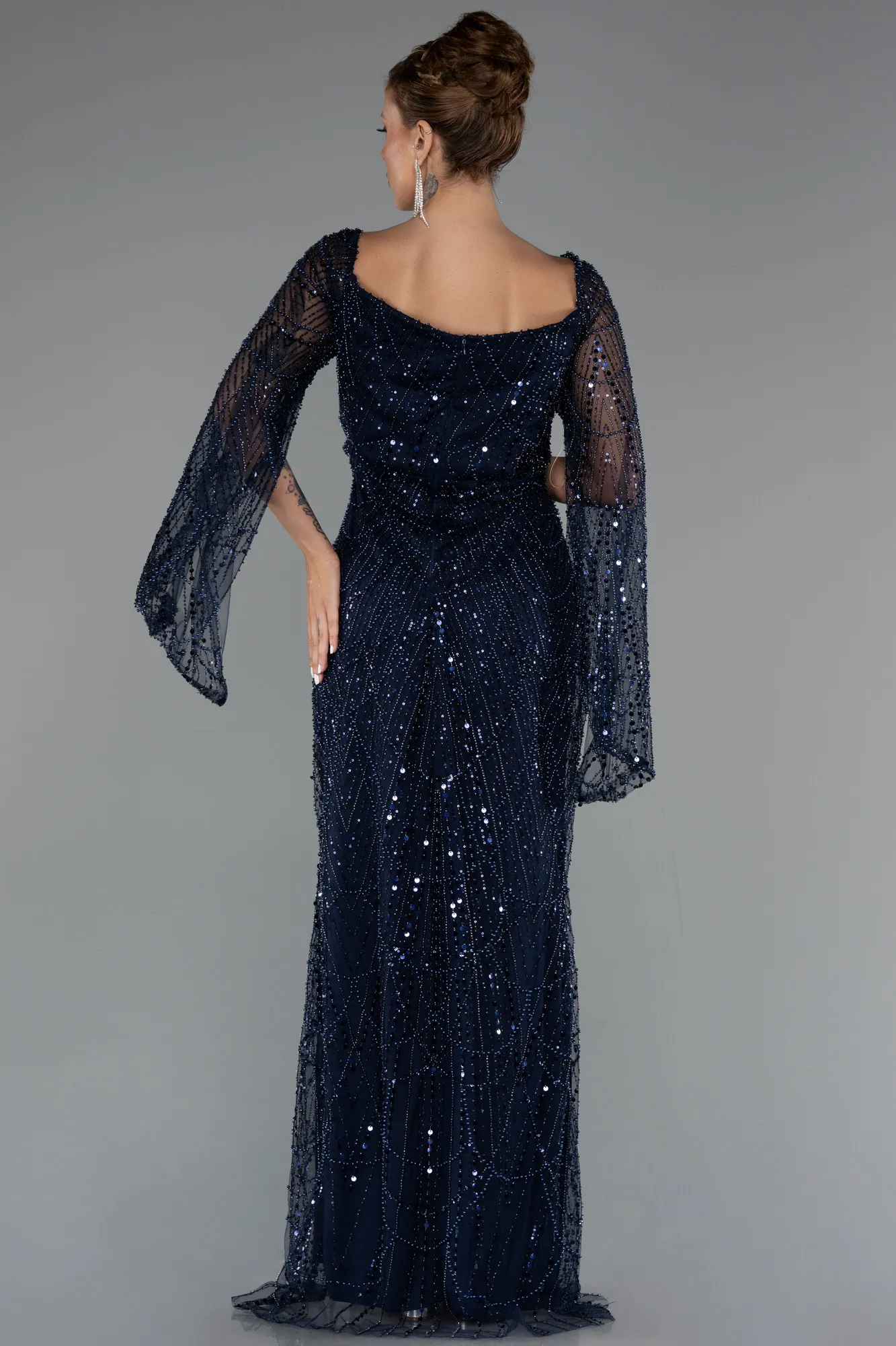 Navy Blue-Long Beaded Evening Dress ABU5066