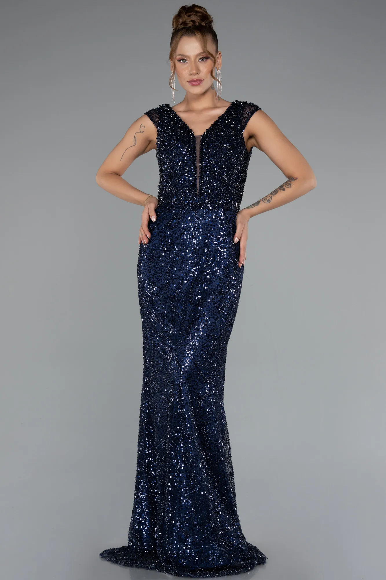 Navy Blue-Long Beaded Evening Dress ABU5088