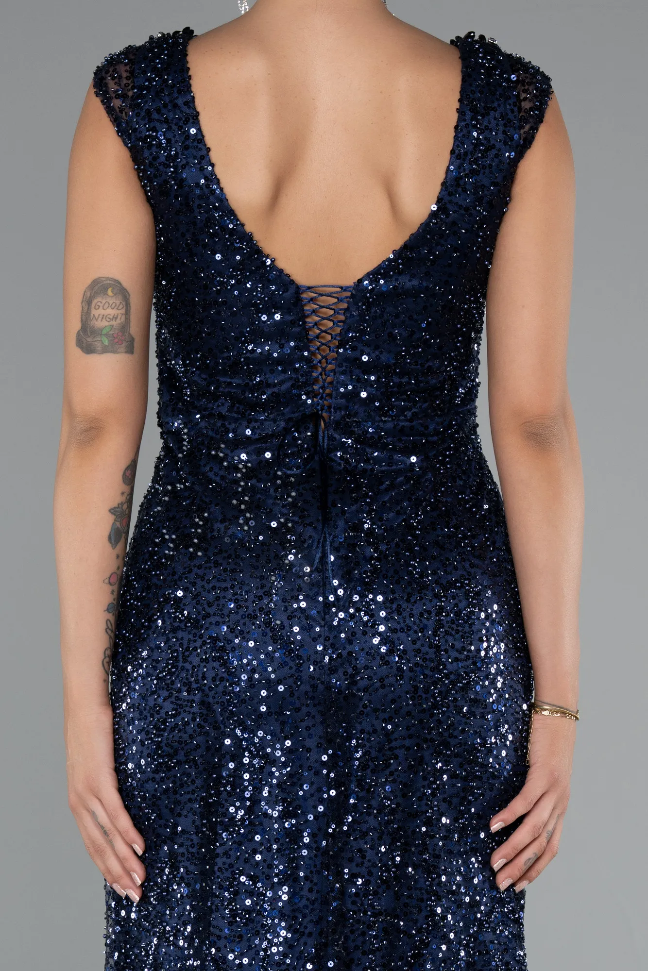 Navy Blue-Long Beaded Evening Dress ABU5088