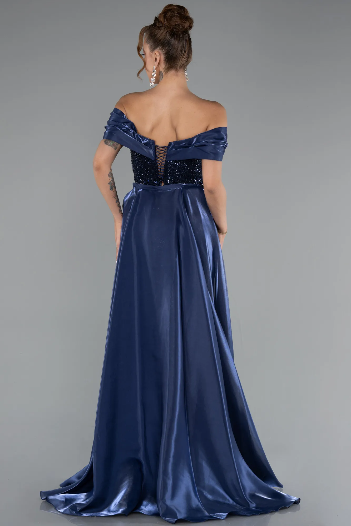 Navy Blue-Long Beaded Evening Dress ABU5099