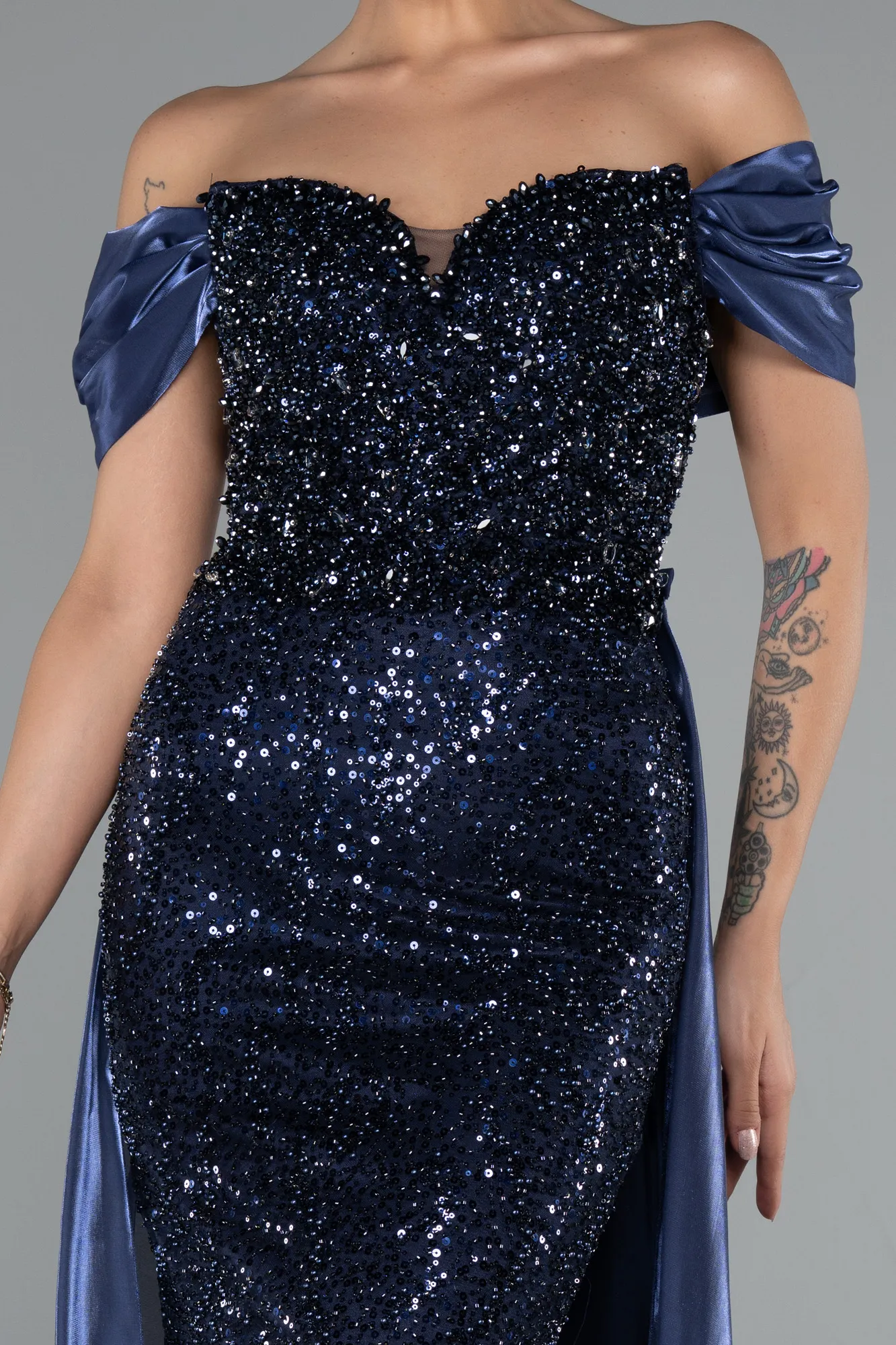Navy Blue-Long Beaded Evening Dress ABU5099