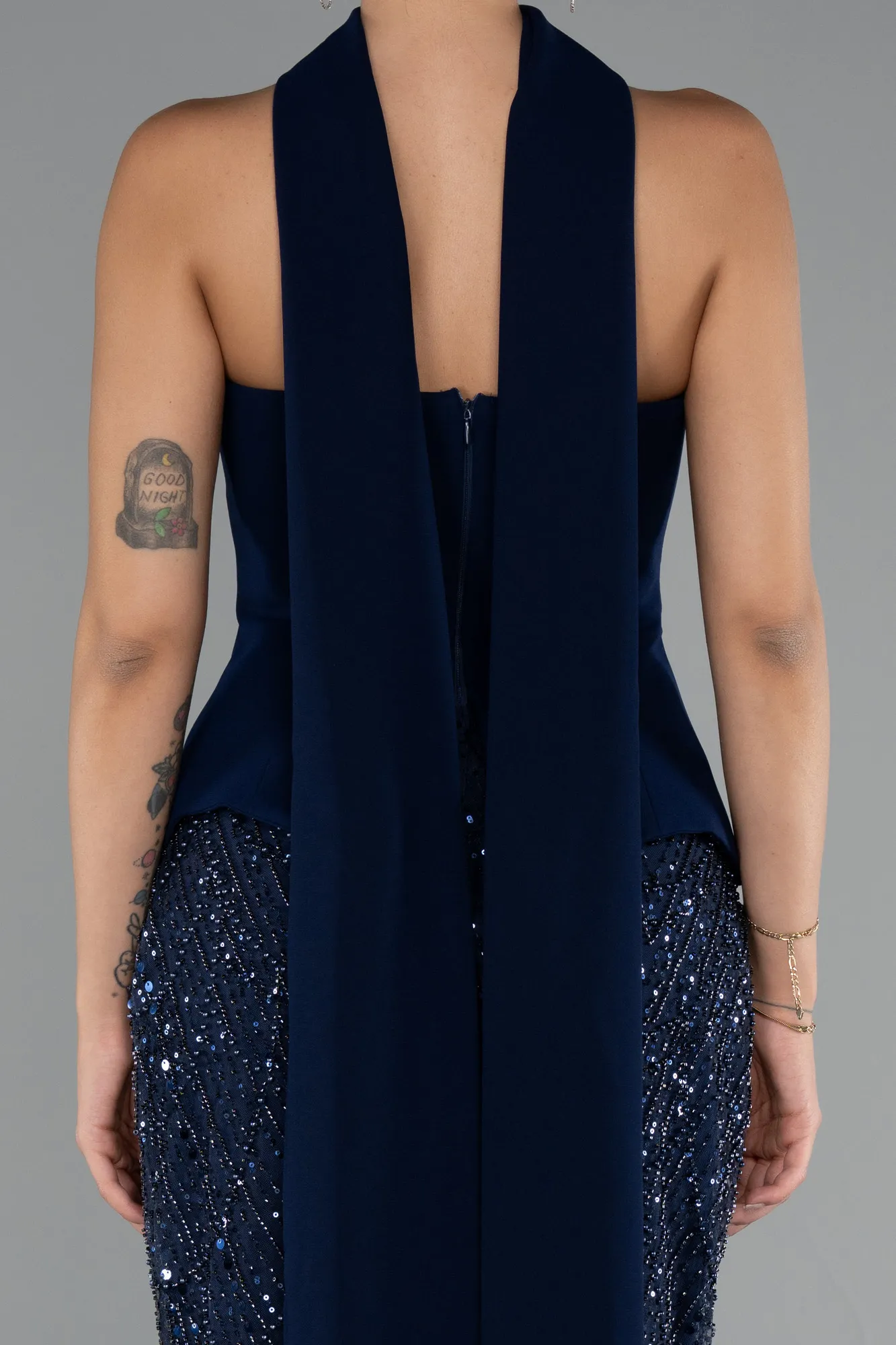 Navy Blue-Long Beaded Evening Dress ABU5131