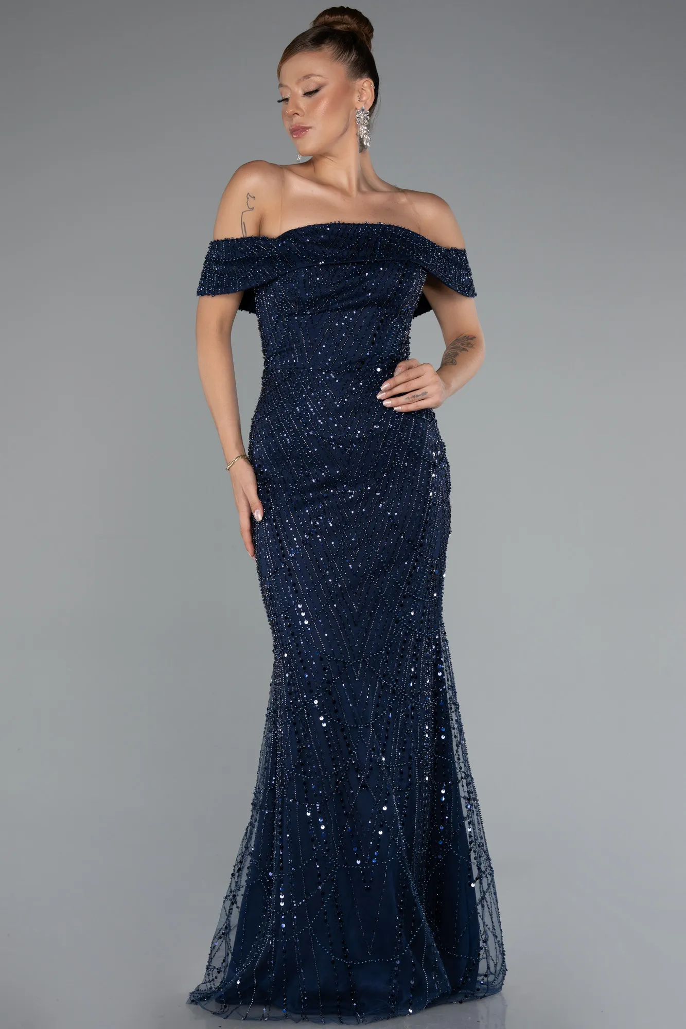 Navy Blue-Long Beaded Evening Dress ABU5137