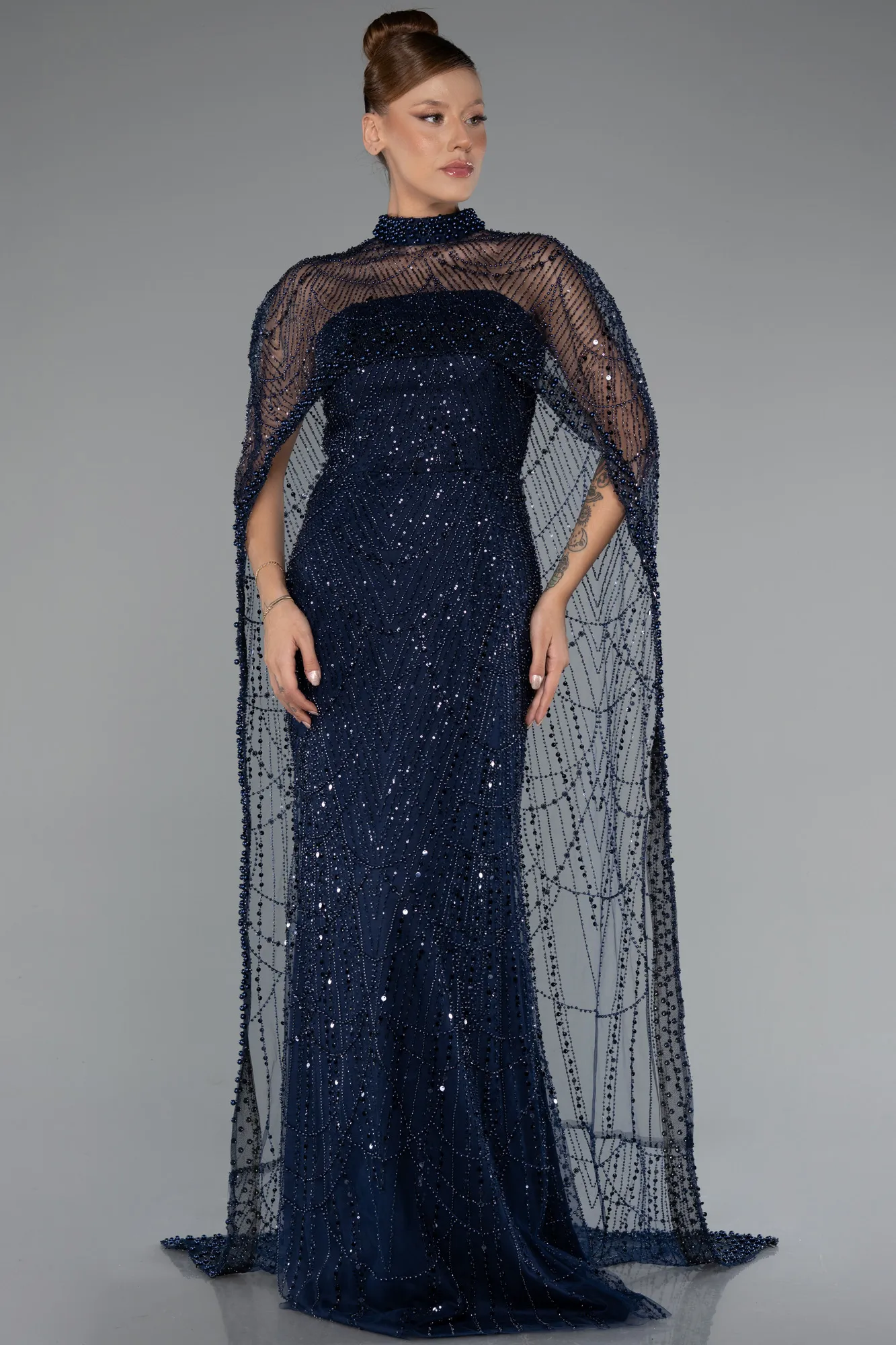 Navy Blue-Long Beaded Evening Dress ABU5141