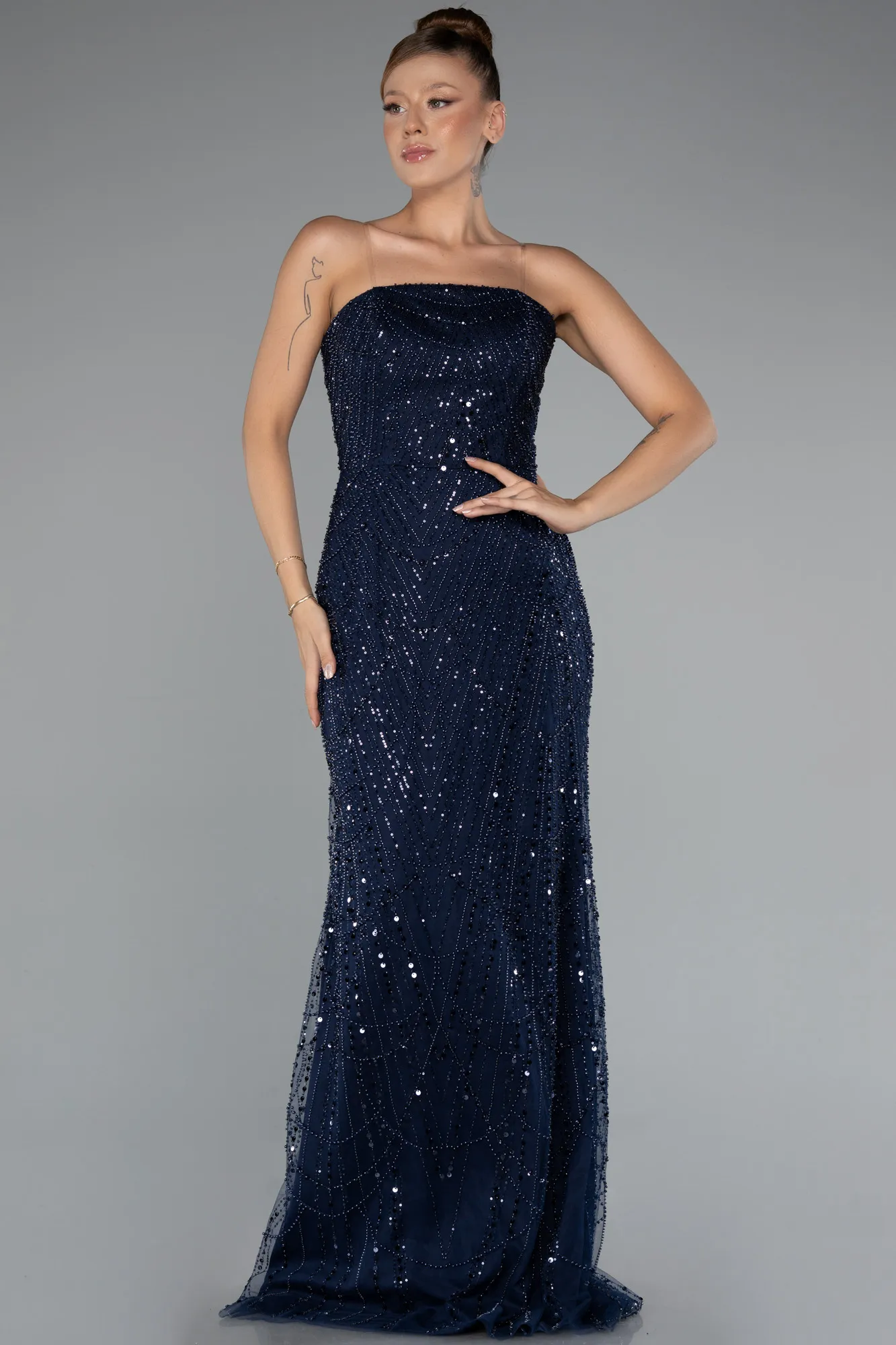 Navy Blue-Long Beaded Evening Dress ABU5141