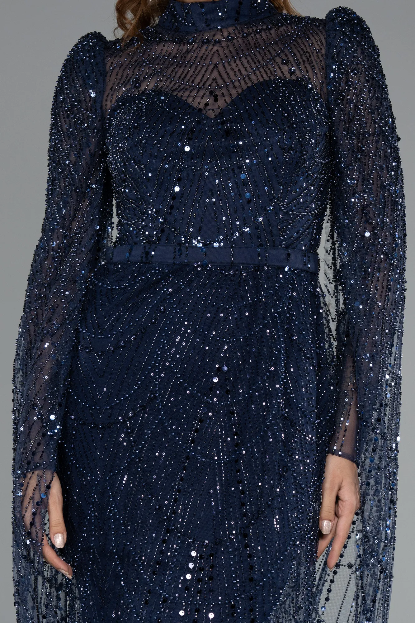 Navy Blue-Long Beaded Evening Dress ABU5152