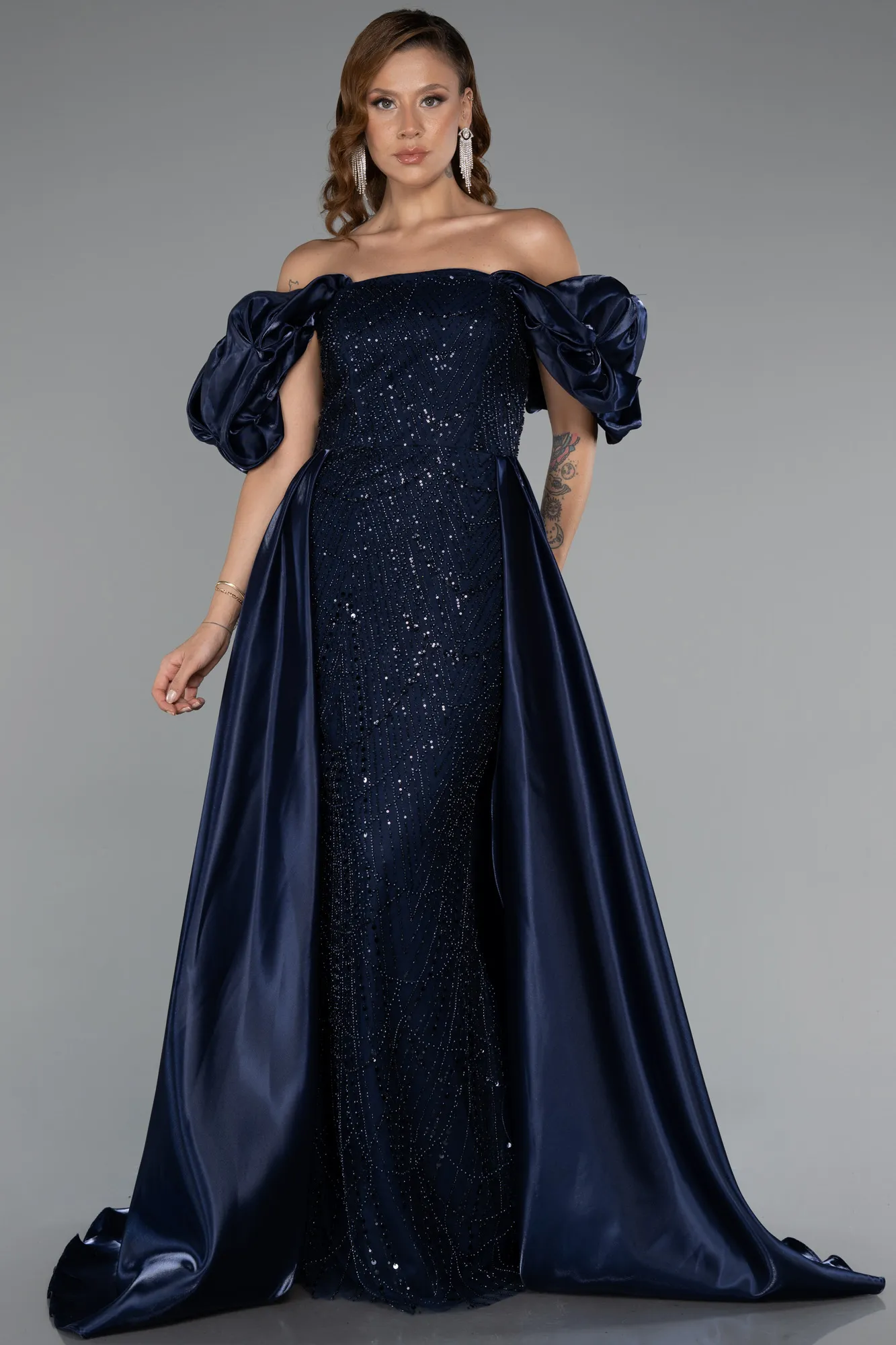 Navy Blue-Long Beaded Evening Dress ABU5154