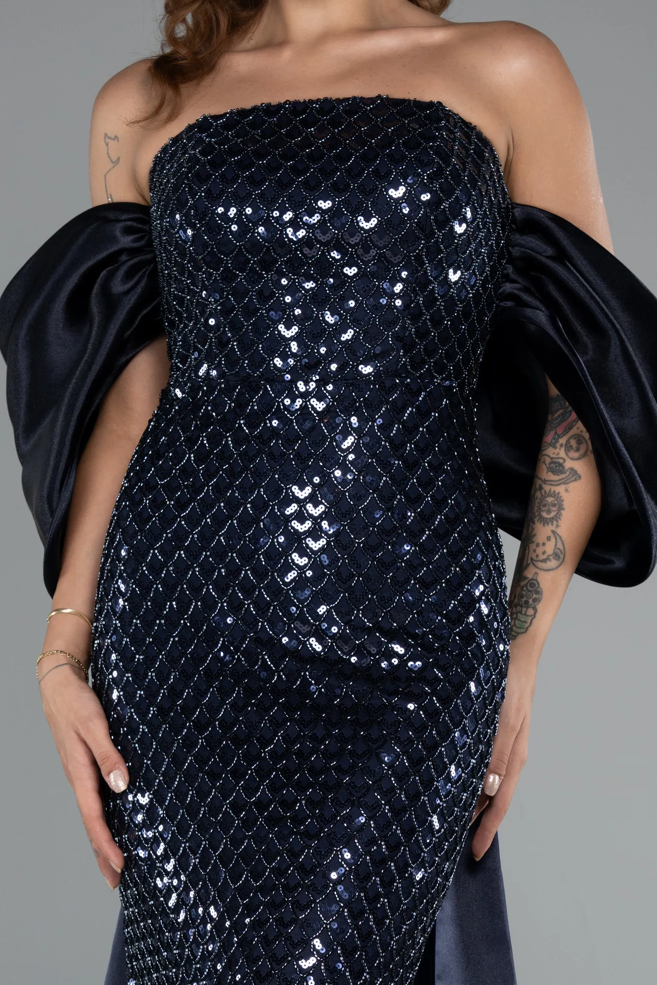 Navy Blue-Long Beaded Evening Dress ABU5169