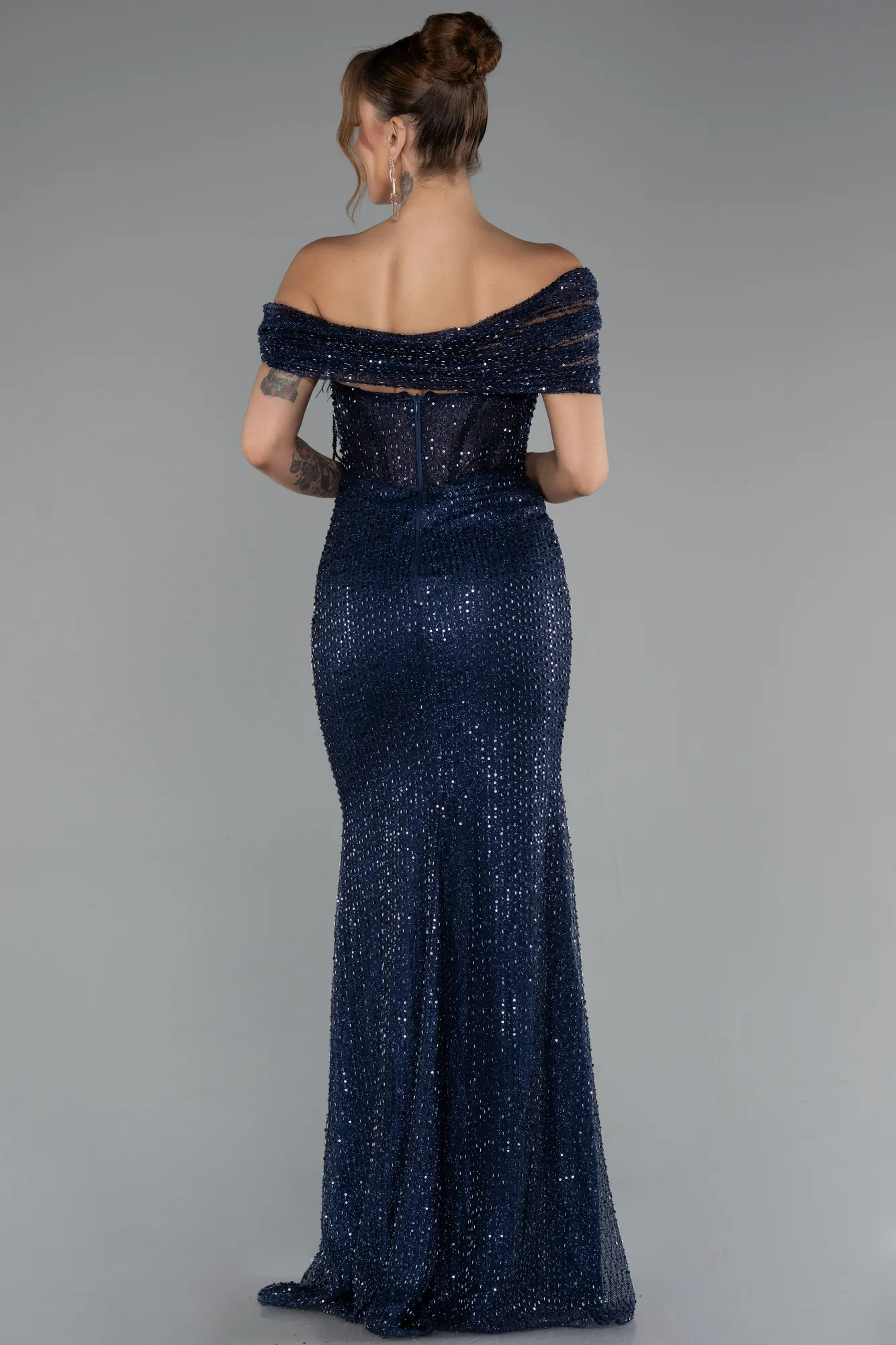 Navy Blue-Long Beaded Evening Dress ABU5183