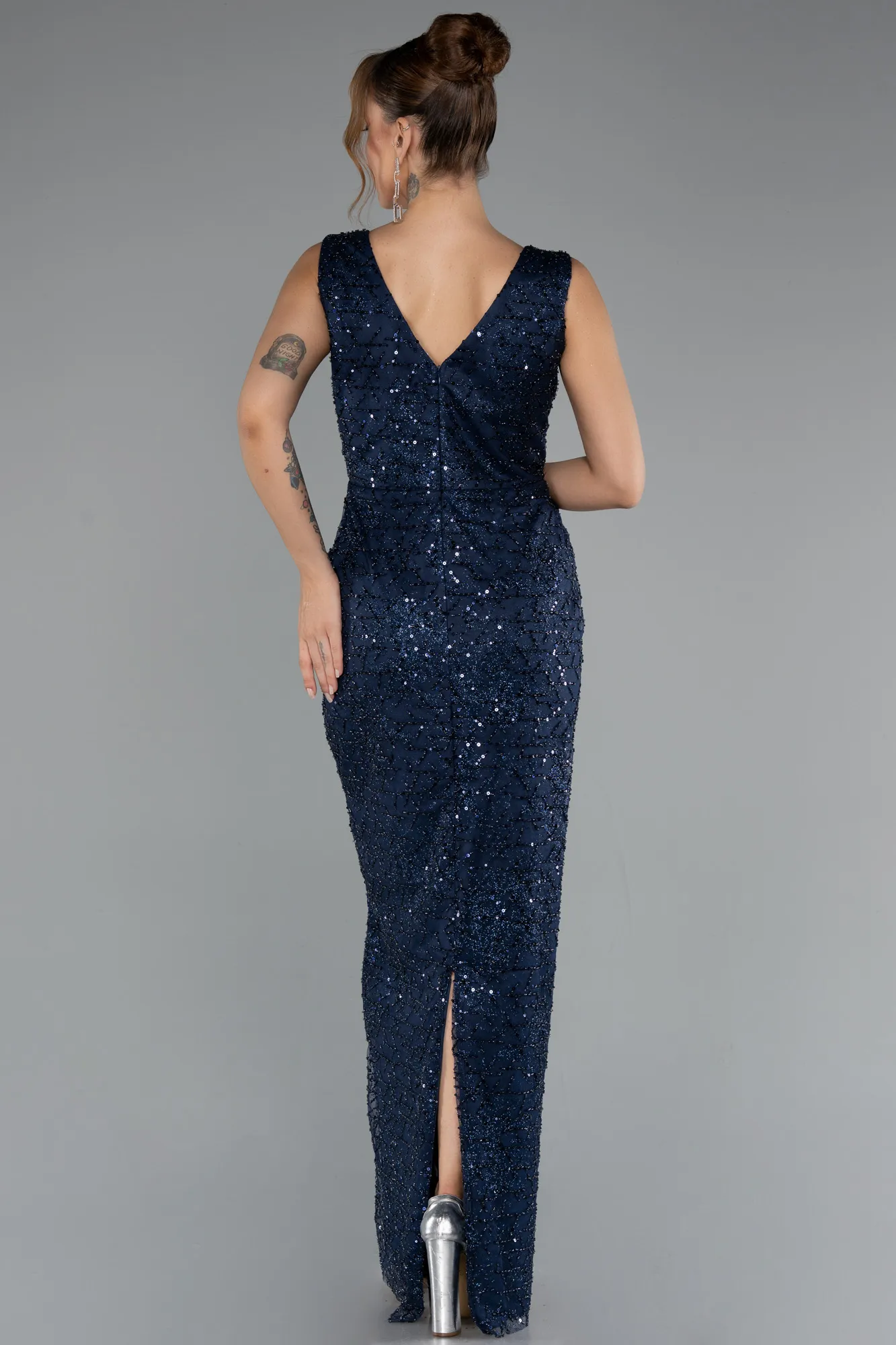 Navy Blue-Long Beaded Evening Dress ABU5187