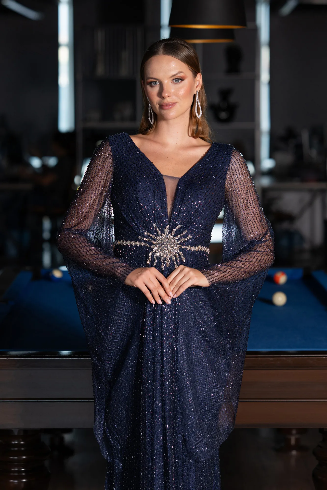 Navy Blue-Long Beaded Evening Dress ABU5230
