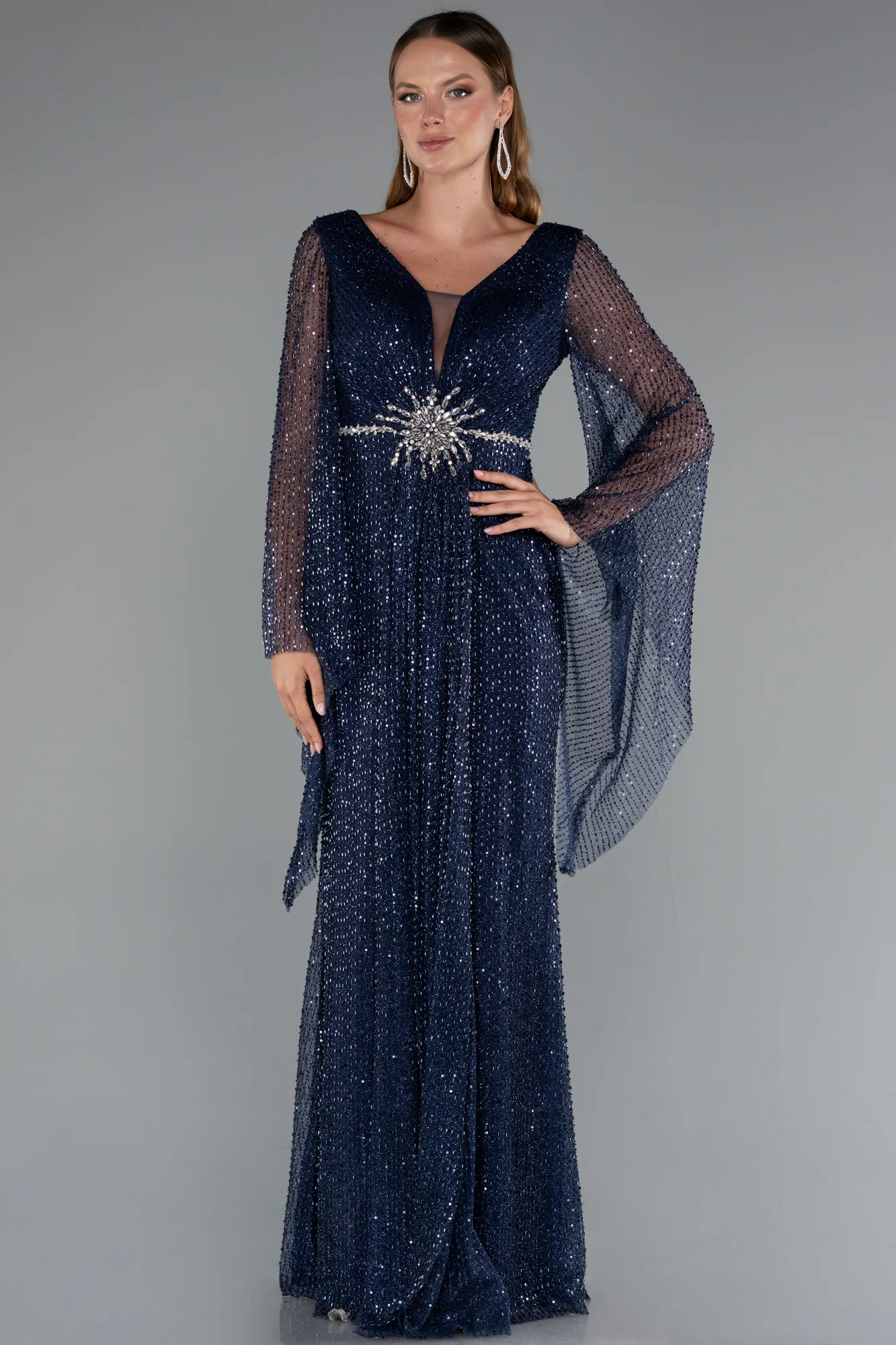 Navy Blue-Long Beaded Evening Dress ABU5230