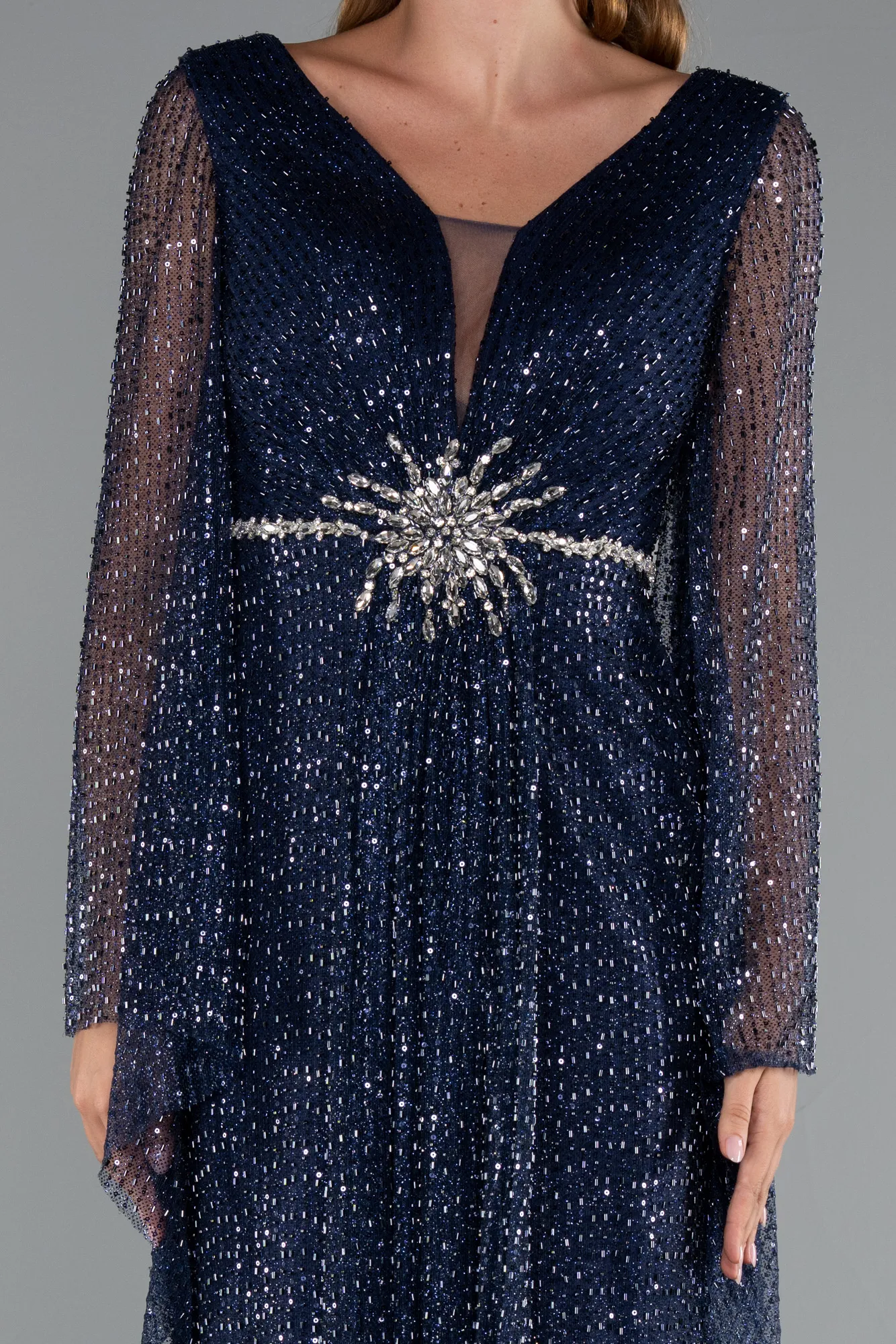 Navy Blue-Long Beaded Evening Dress ABU5230