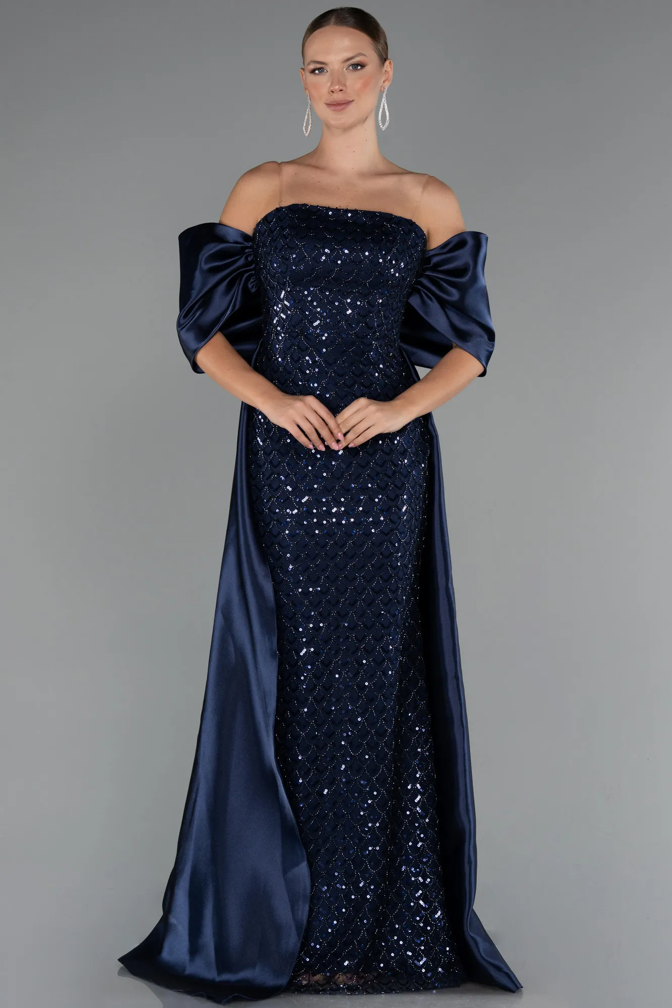 Navy Blue-Long Beaded Evening Dress ABU5234