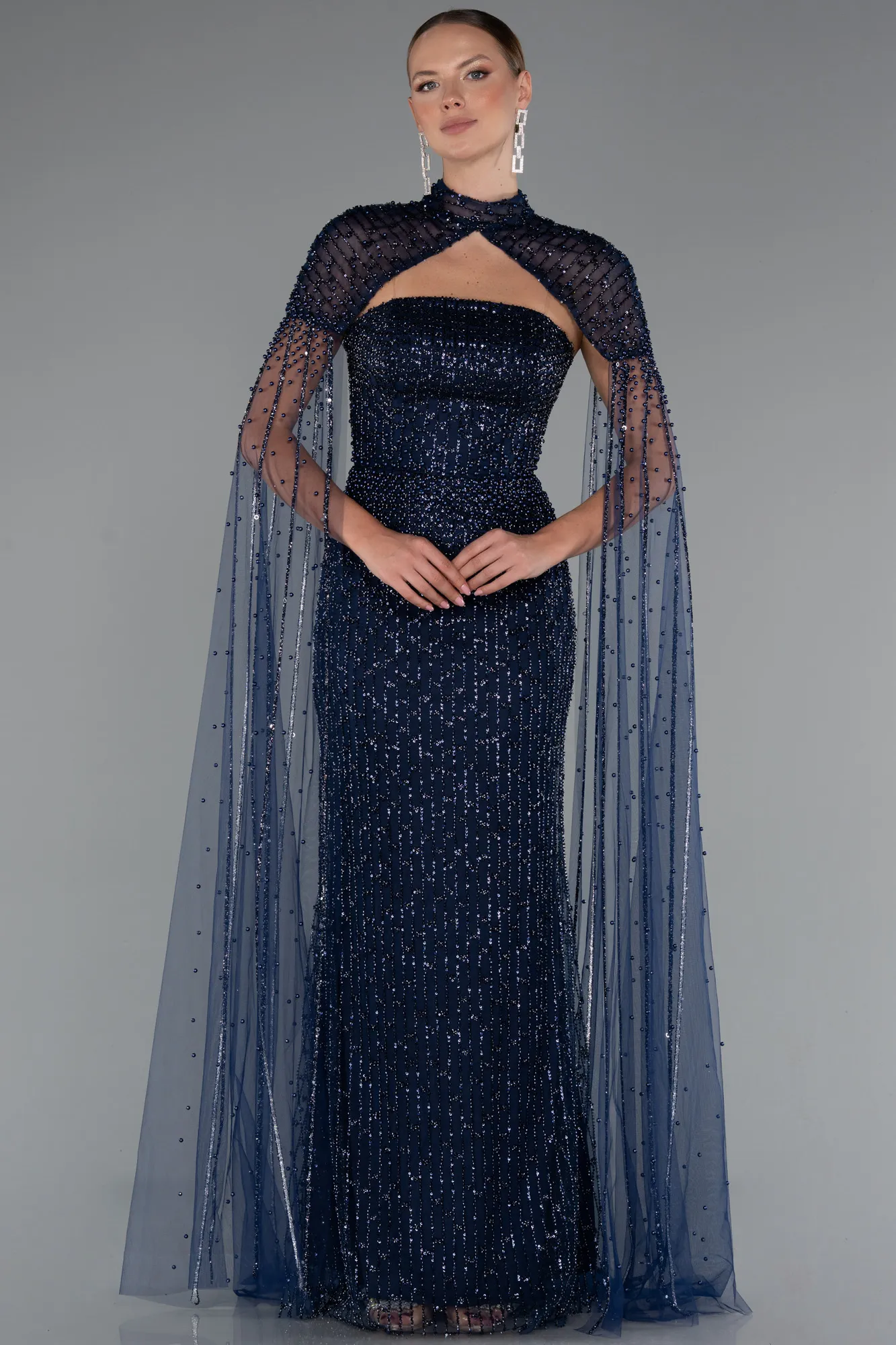 Navy Blue-Long Beaded Evening Dress ABU5236
