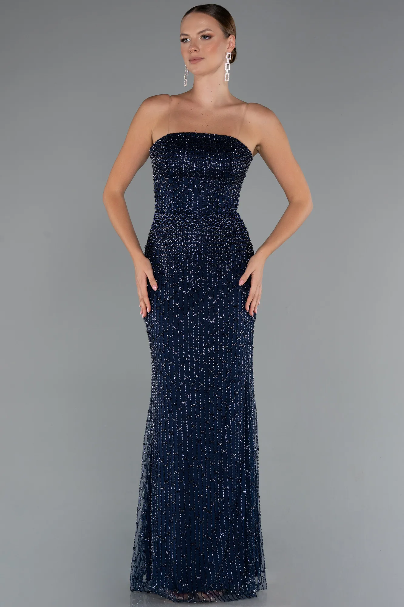 Navy Blue-Long Beaded Evening Dress ABU5236