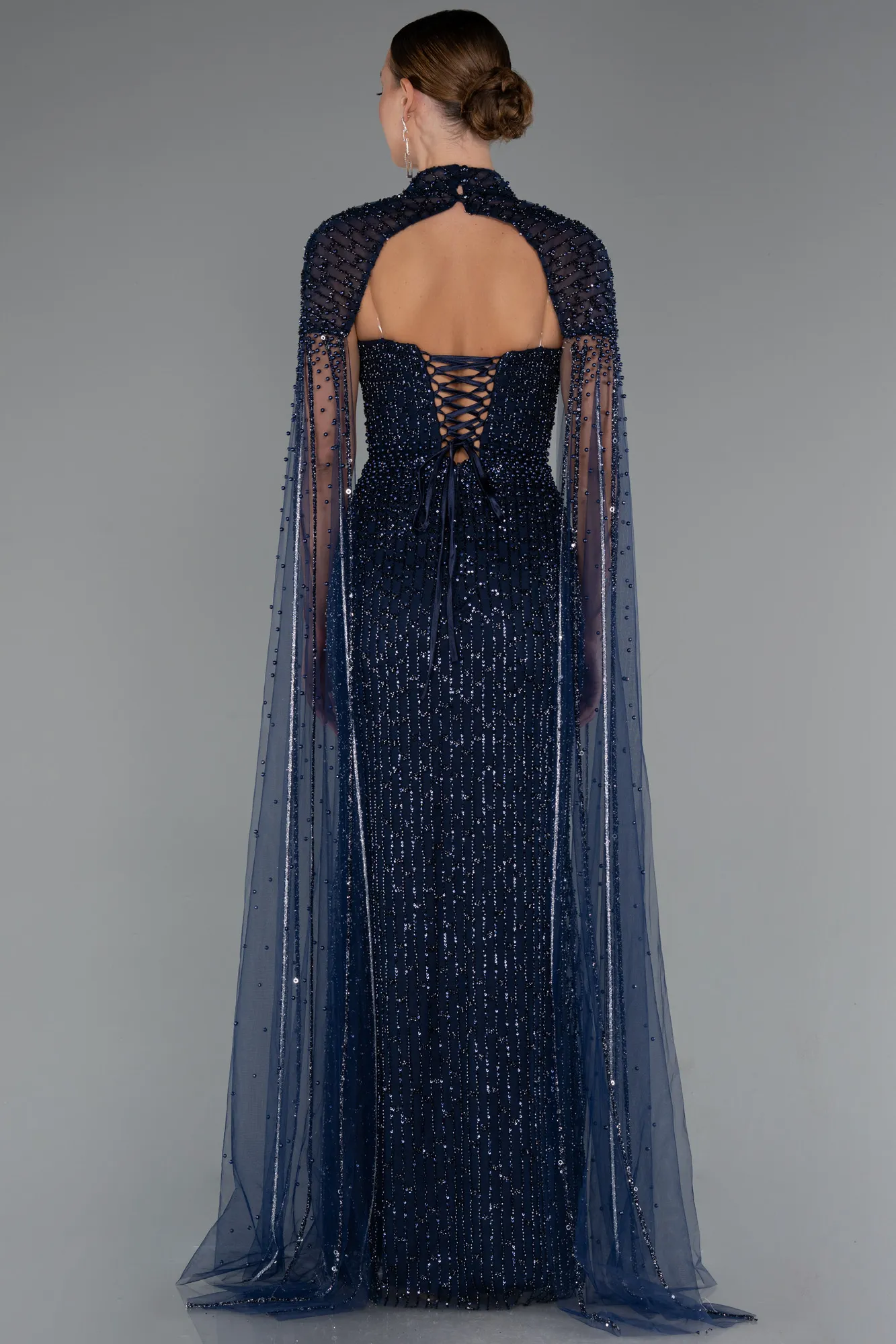 Navy Blue-Long Beaded Evening Dress ABU5236