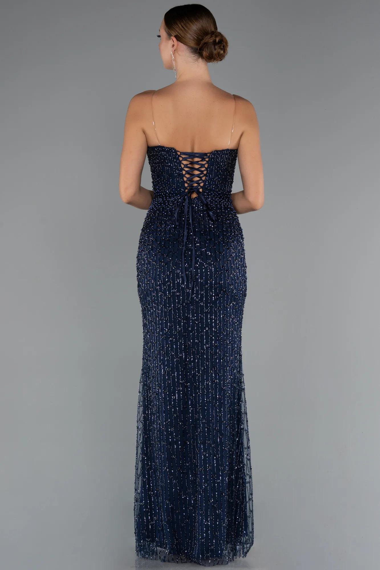 Navy Blue-Long Beaded Evening Dress ABU5236