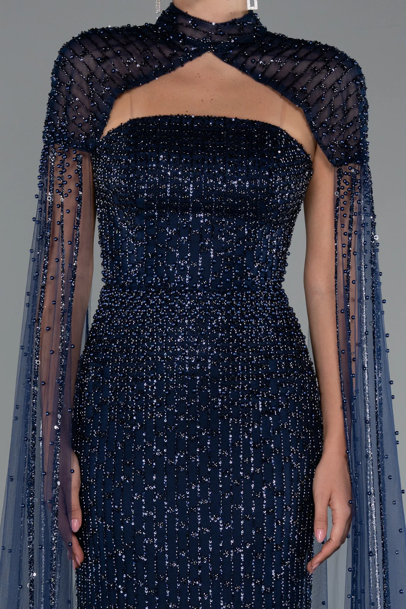 Navy Blue-Long Beaded Evening Dress ABU5236