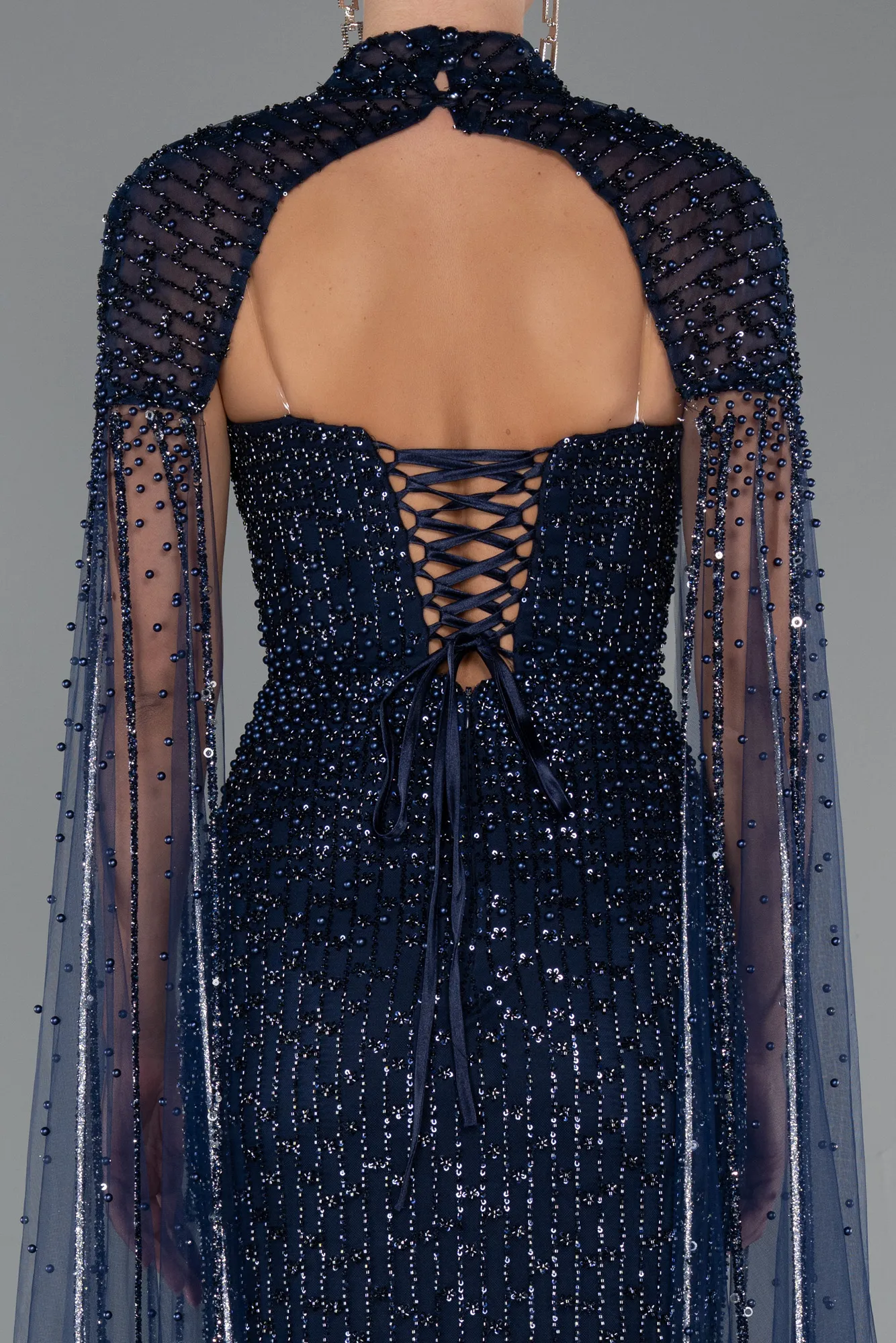 Navy Blue-Long Beaded Evening Dress ABU5236