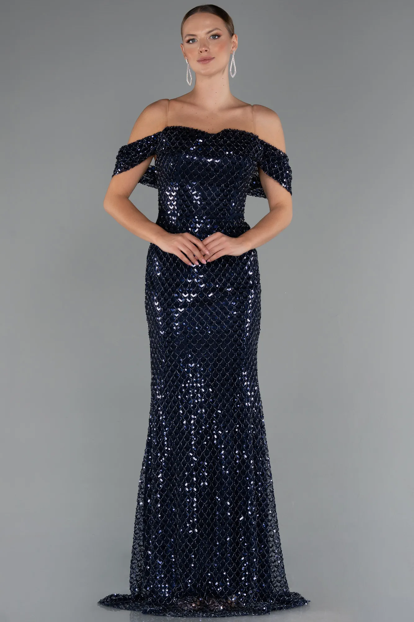 Navy Blue-Long Beaded Evening Dress ABU5239