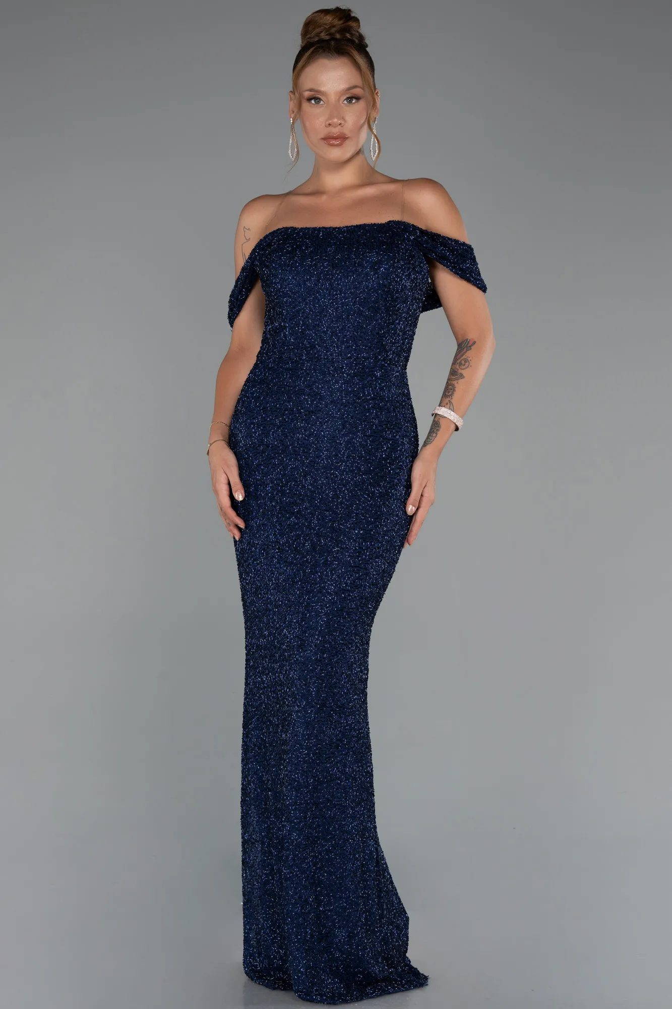 Navy Blue-Long Beaded Evening Dress ABU5285