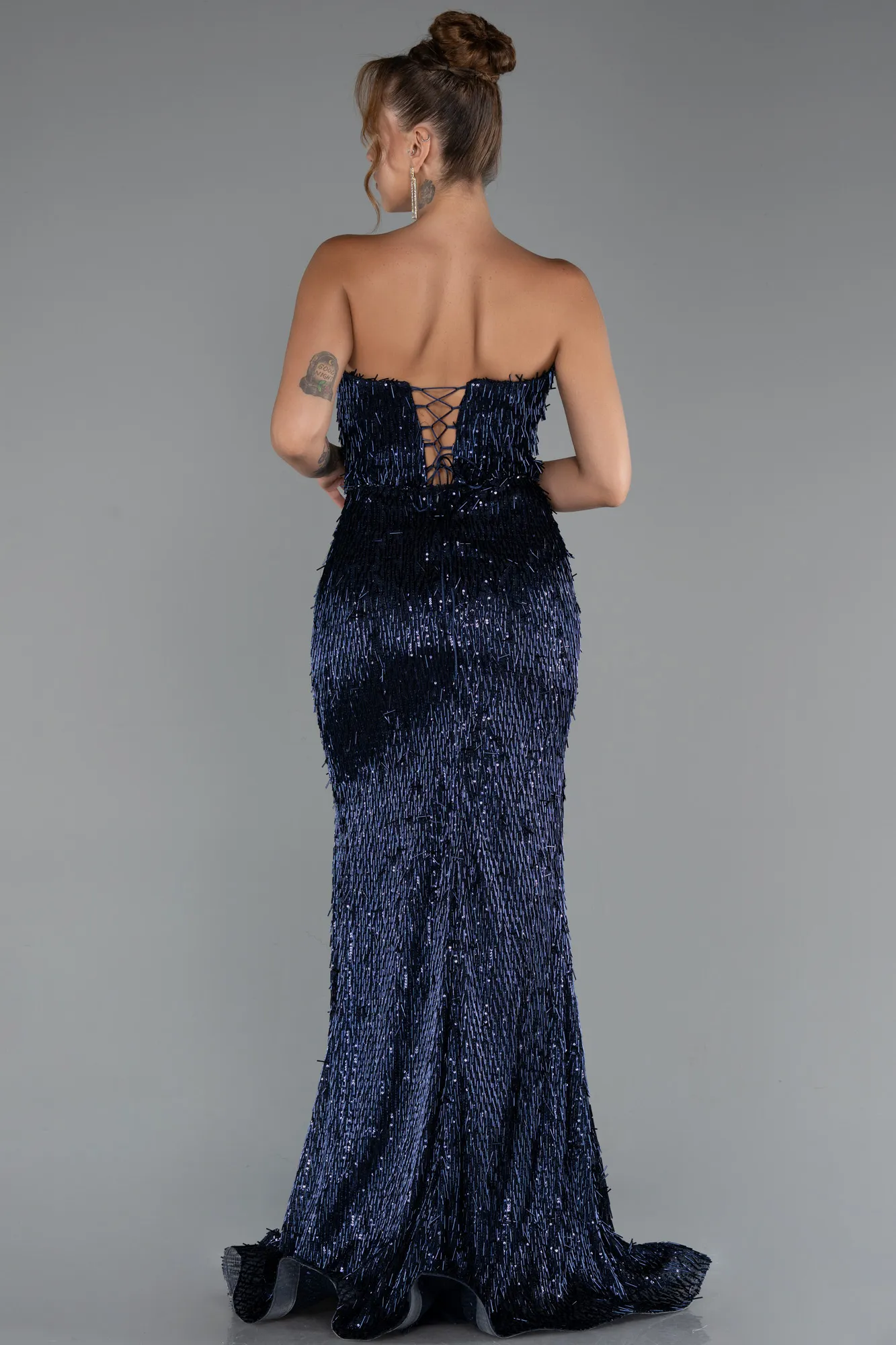 Navy Blue-Long Beaded Evening Dress ABU5292