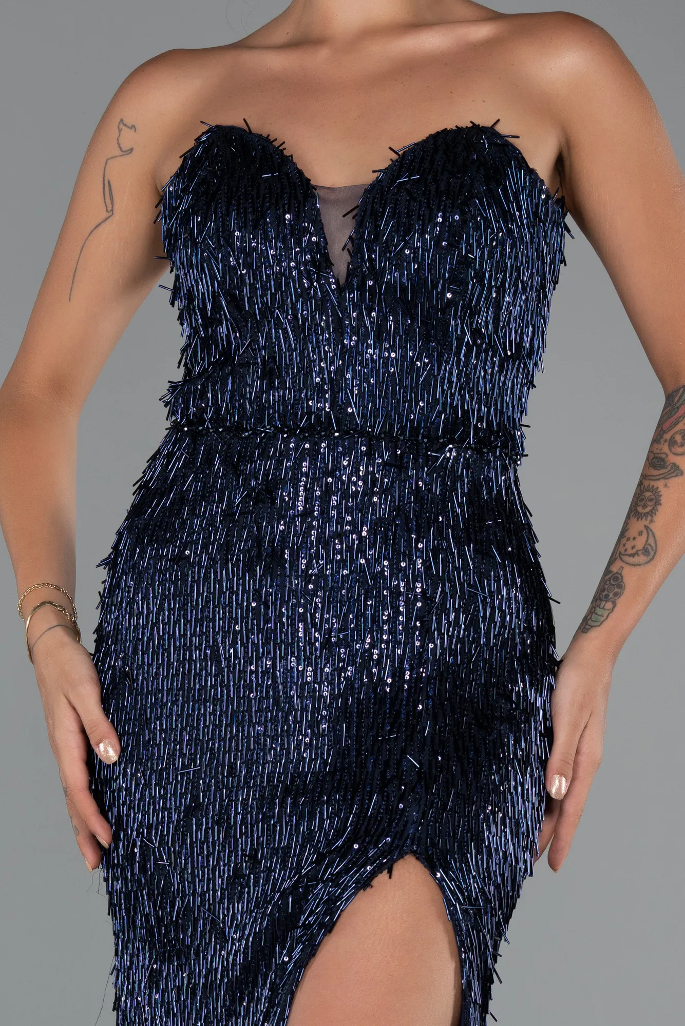 Navy Blue-Long Beaded Evening Dress ABU5292