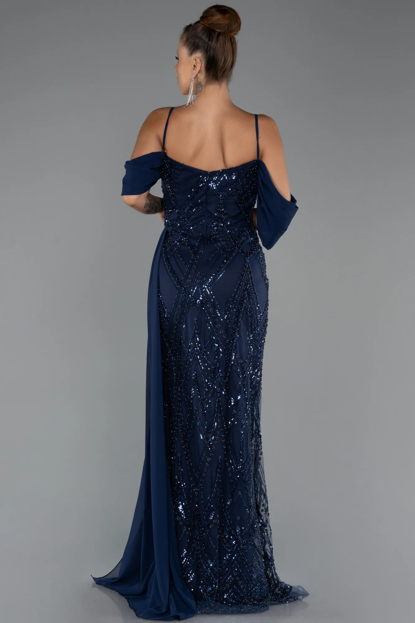 Navy Blue-Long Beaded Evening Dress ABU5316