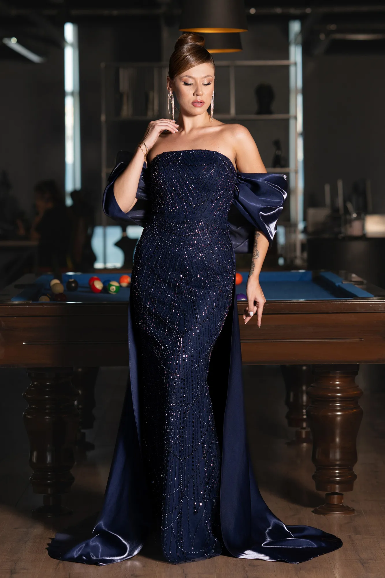 Navy Blue-Long Beaded Evening Dress ABU5335