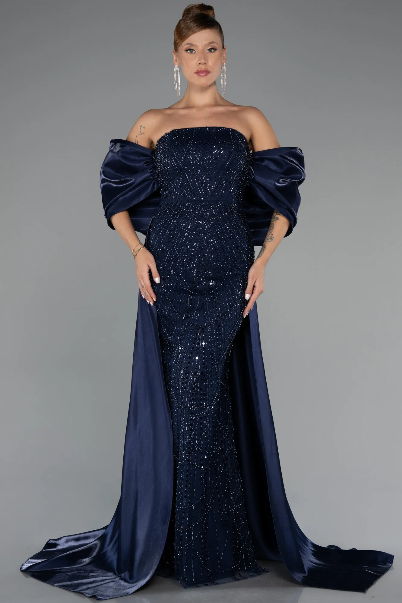 Navy Blue-Long Beaded Evening Dress ABU5335