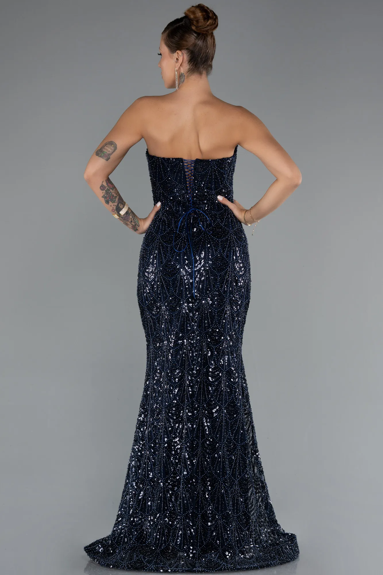 Navy Blue-Long Beaded Evening Dress ABU5345