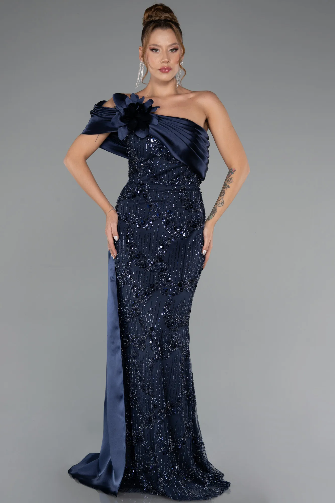 Navy Blue-Long Beaded Evening Dress ABU5361