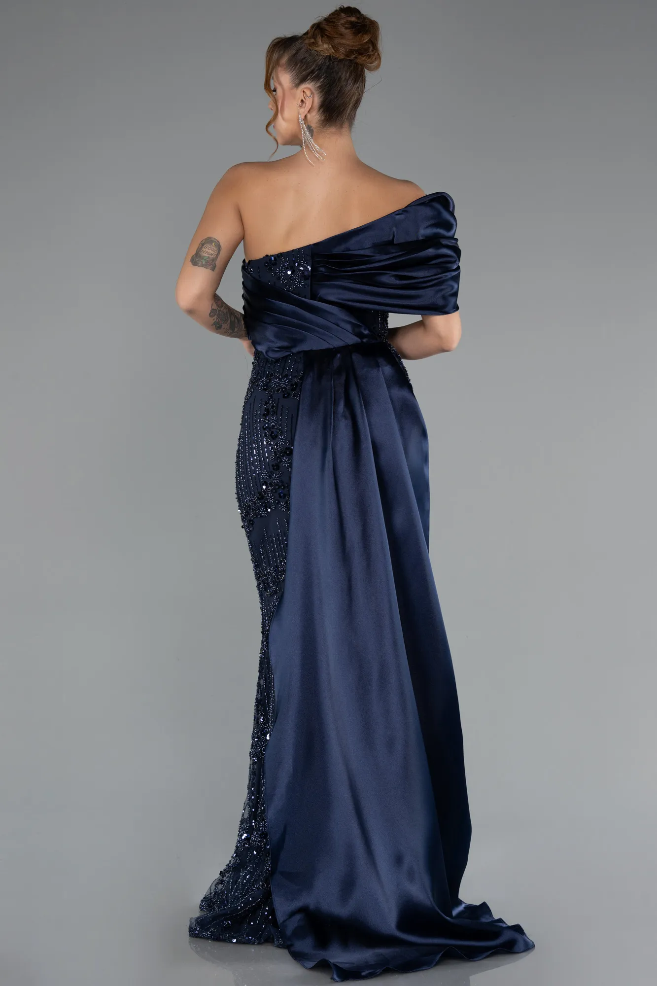 Navy Blue-Long Beaded Evening Dress ABU5361