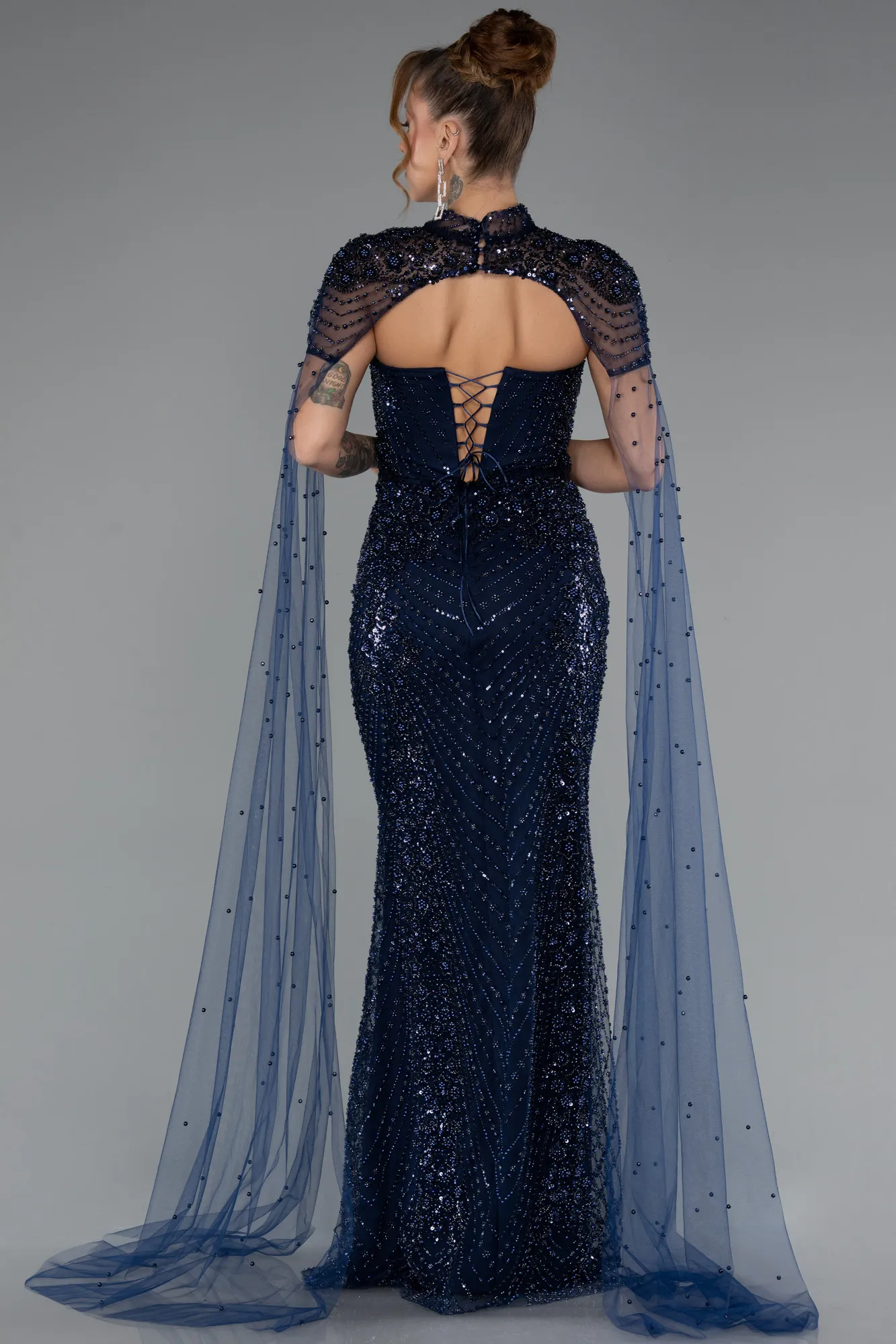 Navy Blue-Long Beaded Evening Dress ABU5363