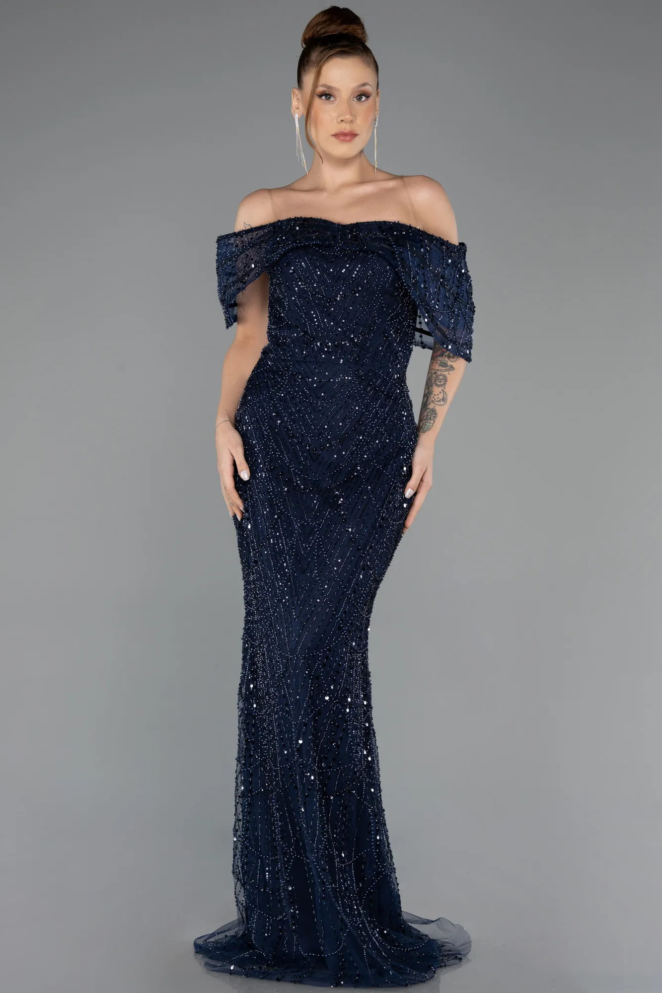 Navy Blue-Long Beaded Evening Dress ABU5371